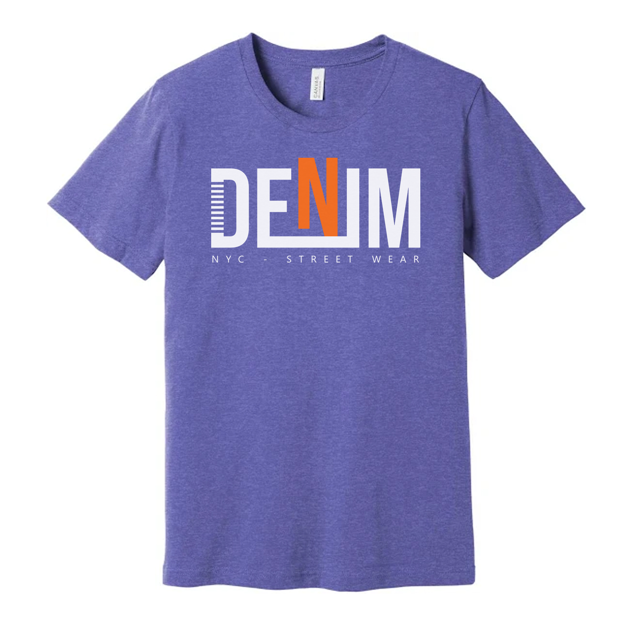 Denim Graphic T Shirt With Bold Orange N Logo NYC Streetwear Unisex Tee For Everyday Wear