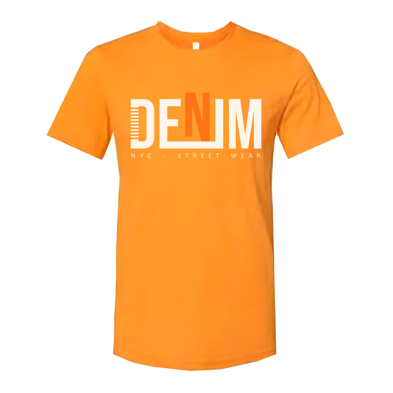 Denim Graphic T Shirt With Bold Orange N Logo NYC Streetwear Unisex Tee For Everyday Wear
