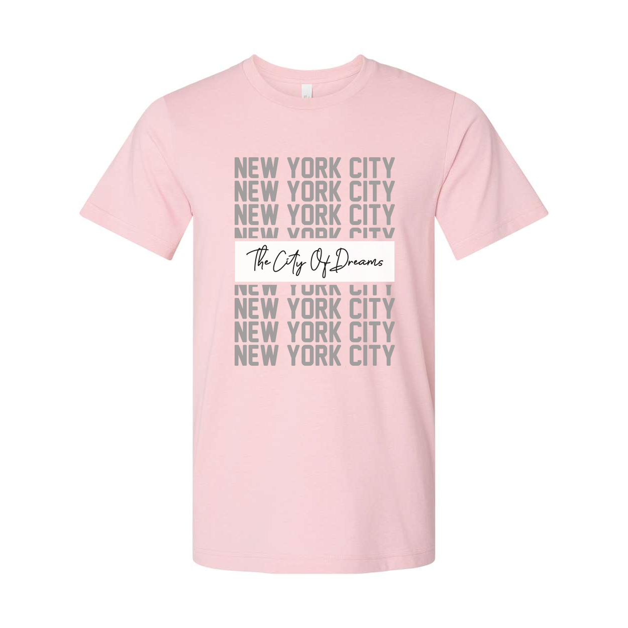 New York City Graphic Tee With Repeated NYC Text And The City Of Dreams Center Banner For Urban Unisex Style