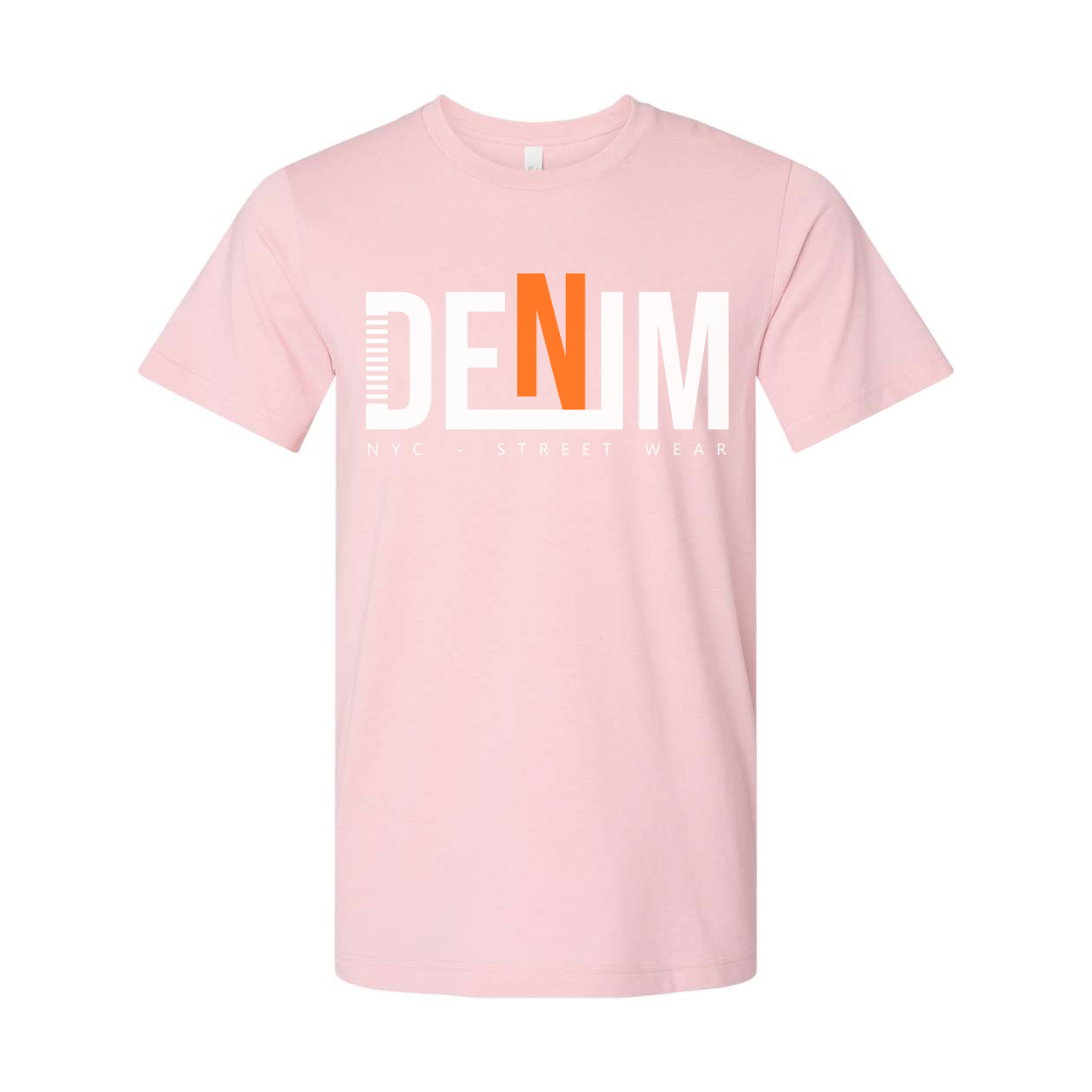 Denim Graphic T Shirt With Bold Orange N Logo NYC Streetwear Unisex Tee For Everyday Wear