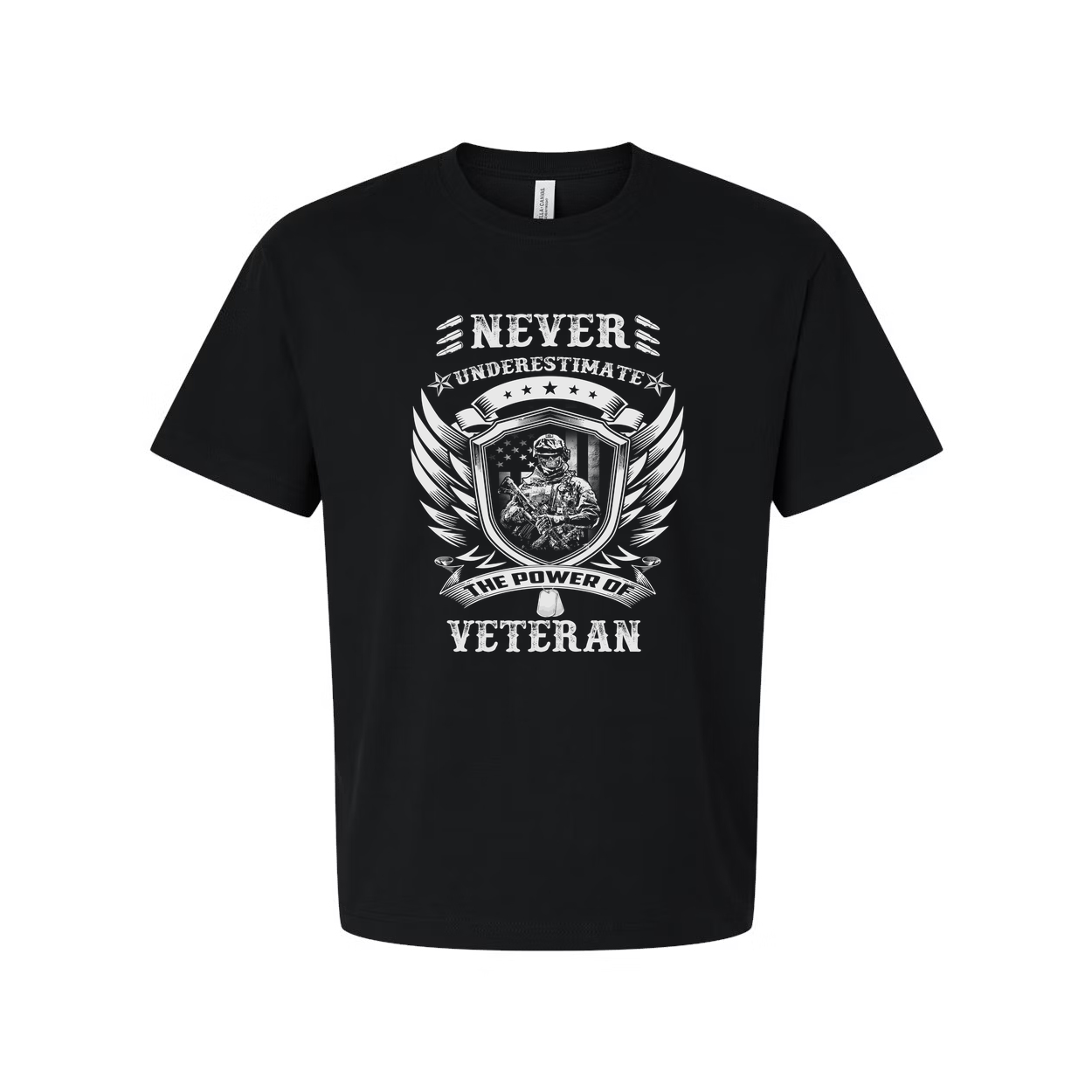 Never Underestimate The Power Of Veteran Graphic Tee With Shield And Wings Design For Unisex Wear