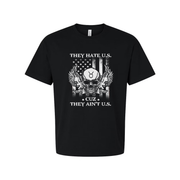 Unisex Veteran Graphic T Shirt With Skull Wings American Flag And They Hate US Design Distressed Style