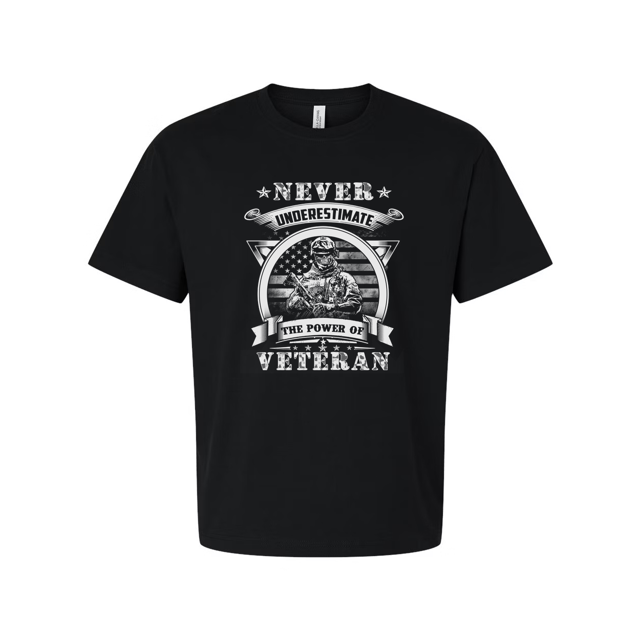 Never Underestimate The Power Of Veteran Graphic Tee With Soldier And American Flag Emblem