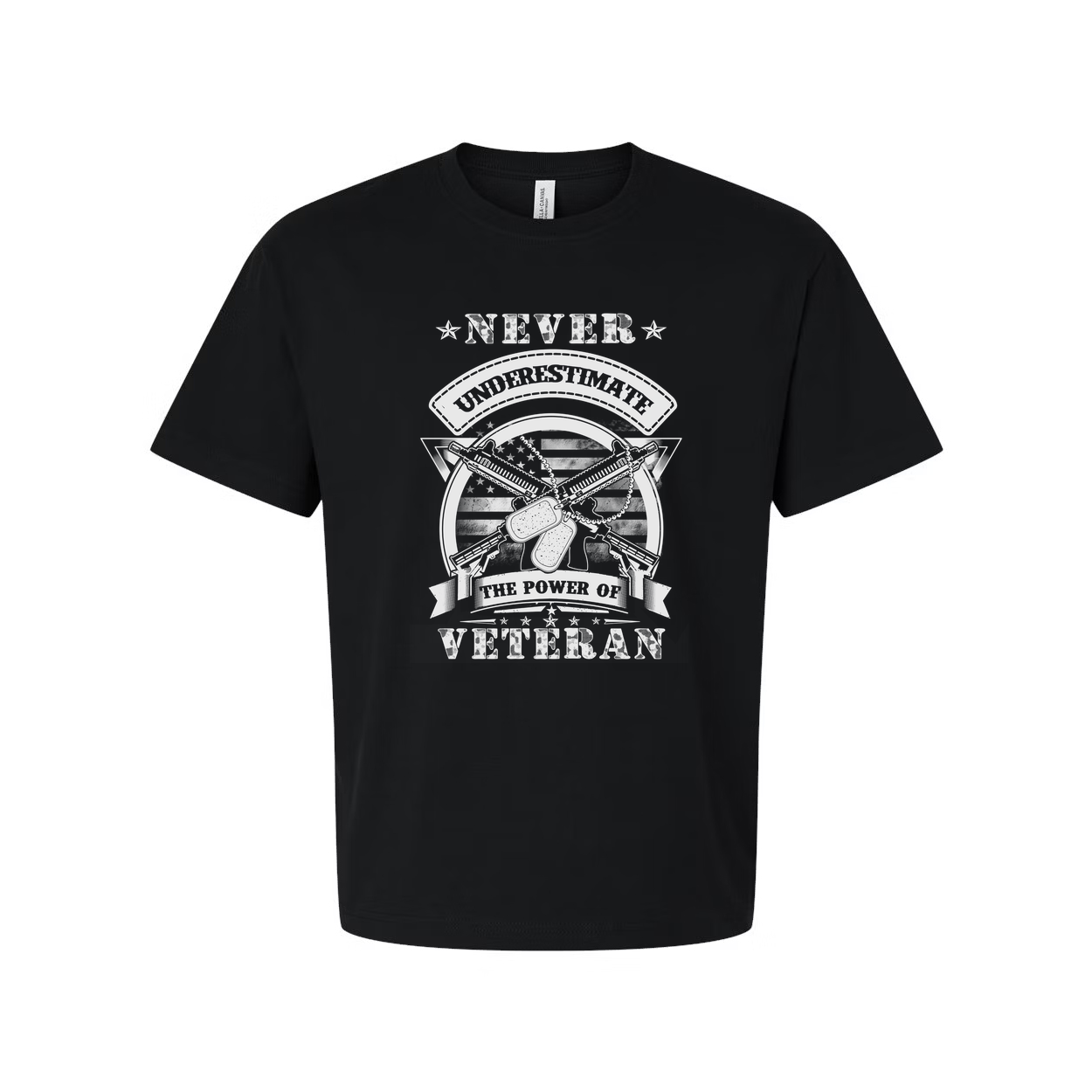 Never Underestimate The Power Of Veteran Graphic Tee With Military Dog Tags And Guns