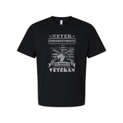 Never Underestimate The Power Of Veteran Unisex Graphic Tee With Patriotic Military Theme Design Edition