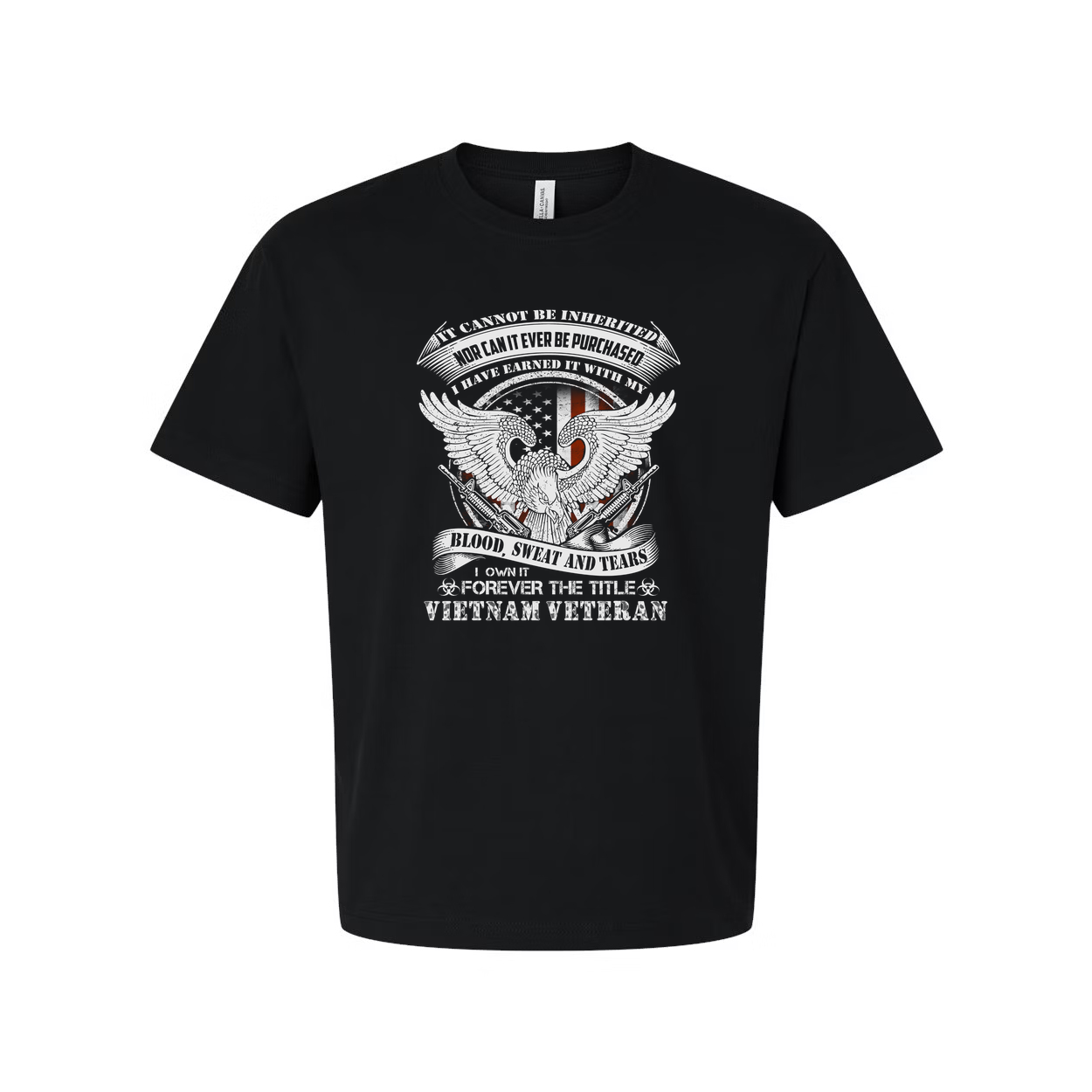 Vietnam Veteran Eagle Graphic Tee With United States Flag And Banner Text Blood Sweat Tears