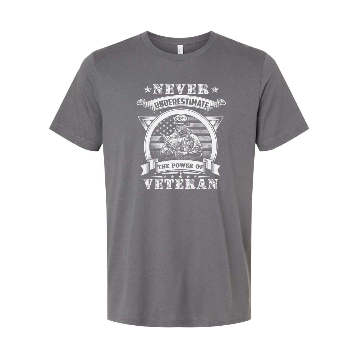 Never Underestimate The Power Of Veteran Graphic Tee With Soldier And American Flag Emblem