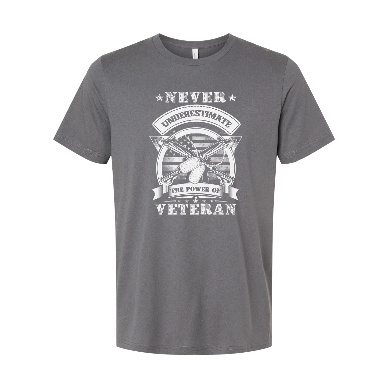 Never Underestimate The Power Of Veteran Graphic Tee With Military Dog Tags And Guns