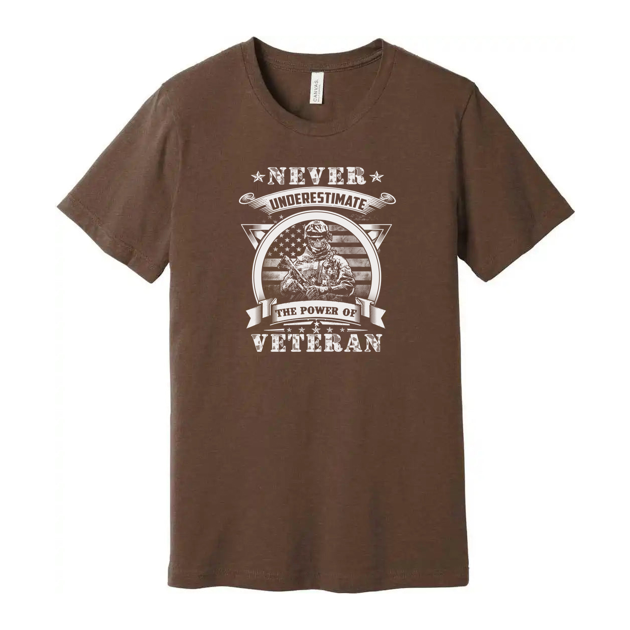 Never Underestimate The Power Of Veteran Graphic Tee With Soldier And American Flag Emblem