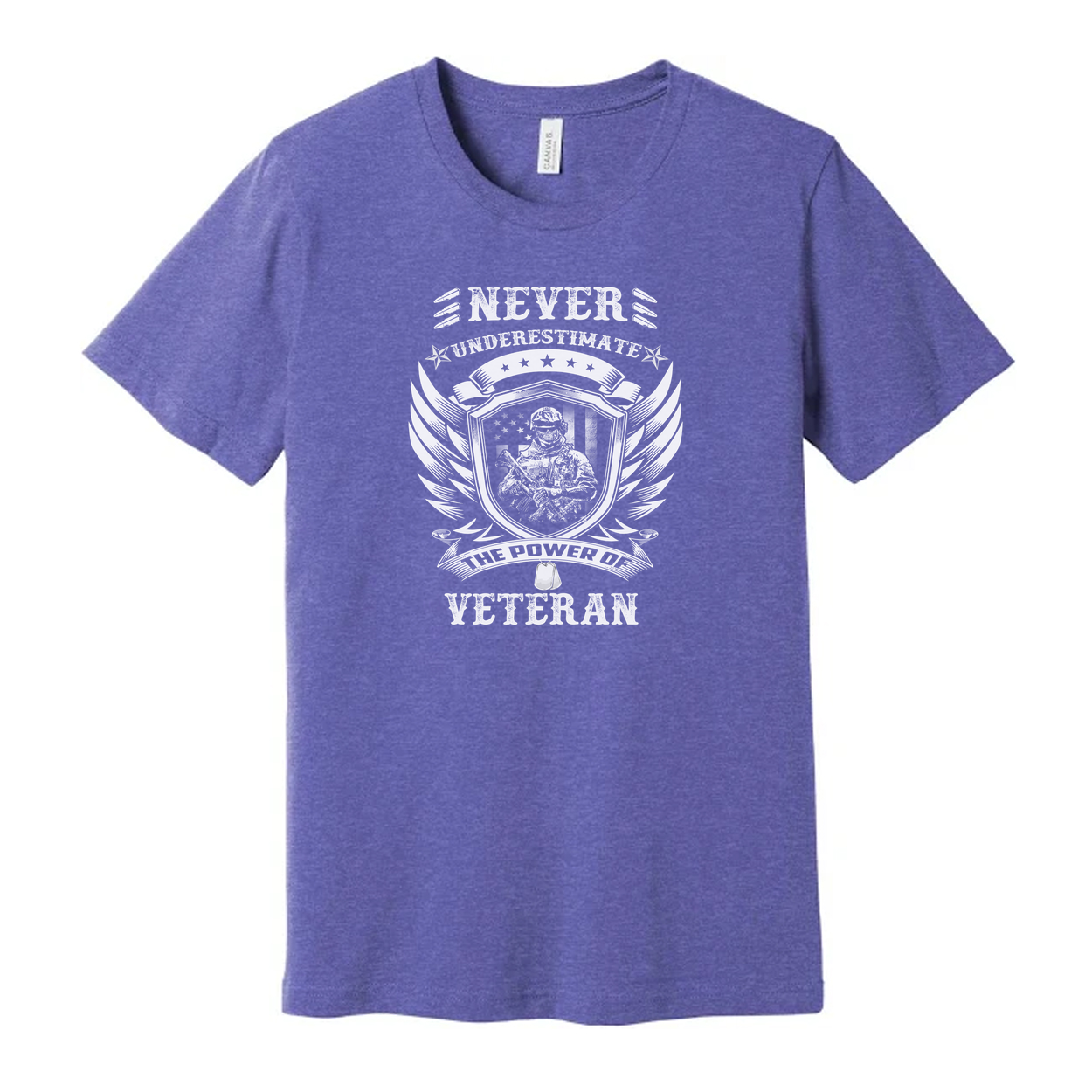 Never Underestimate The Power Of Veteran Graphic Tee With Shield And Wings Design For Unisex Wear