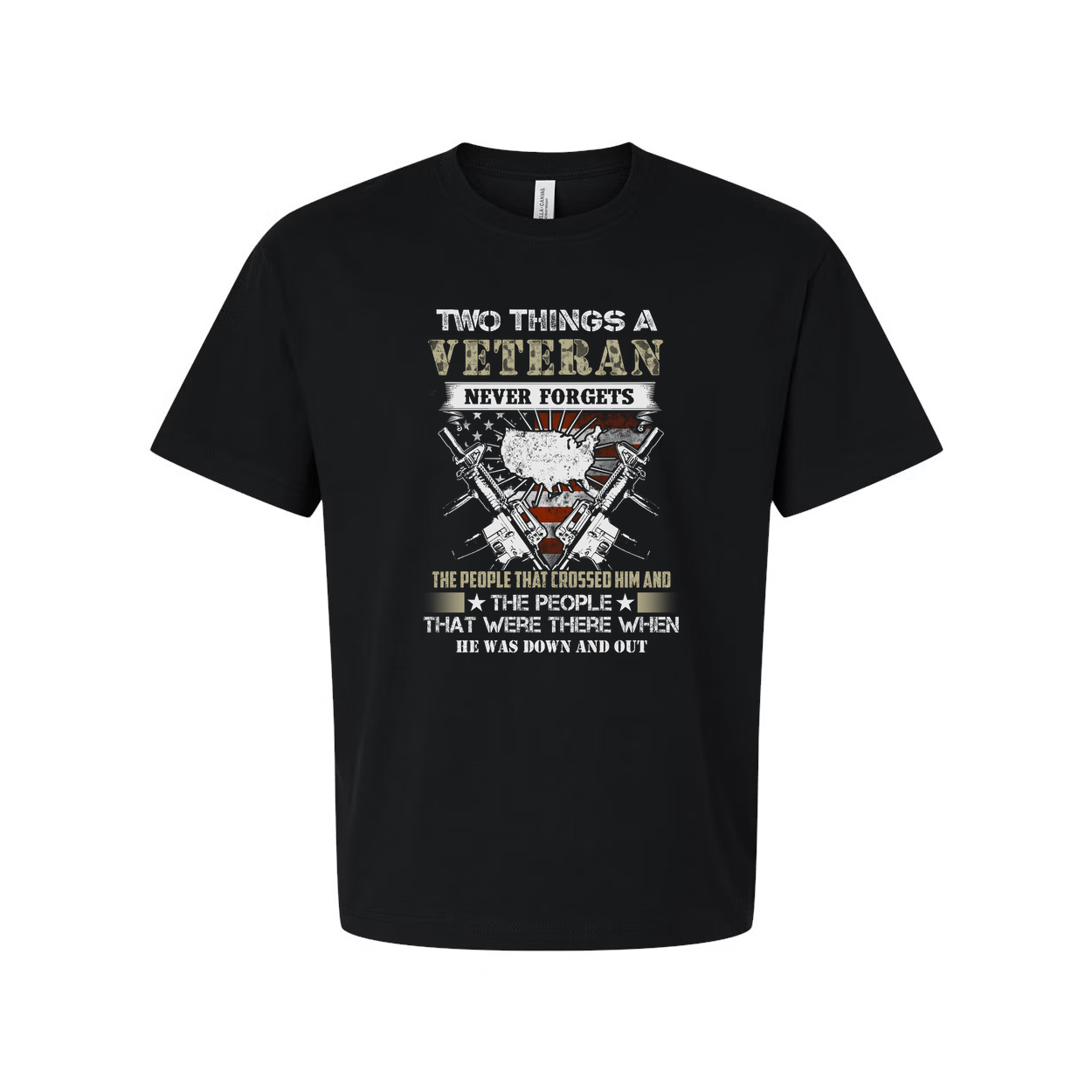 Two Things a Veteran Never Forgets Unisex Graphic Tee With American Flag and Crossed Rifles Motif