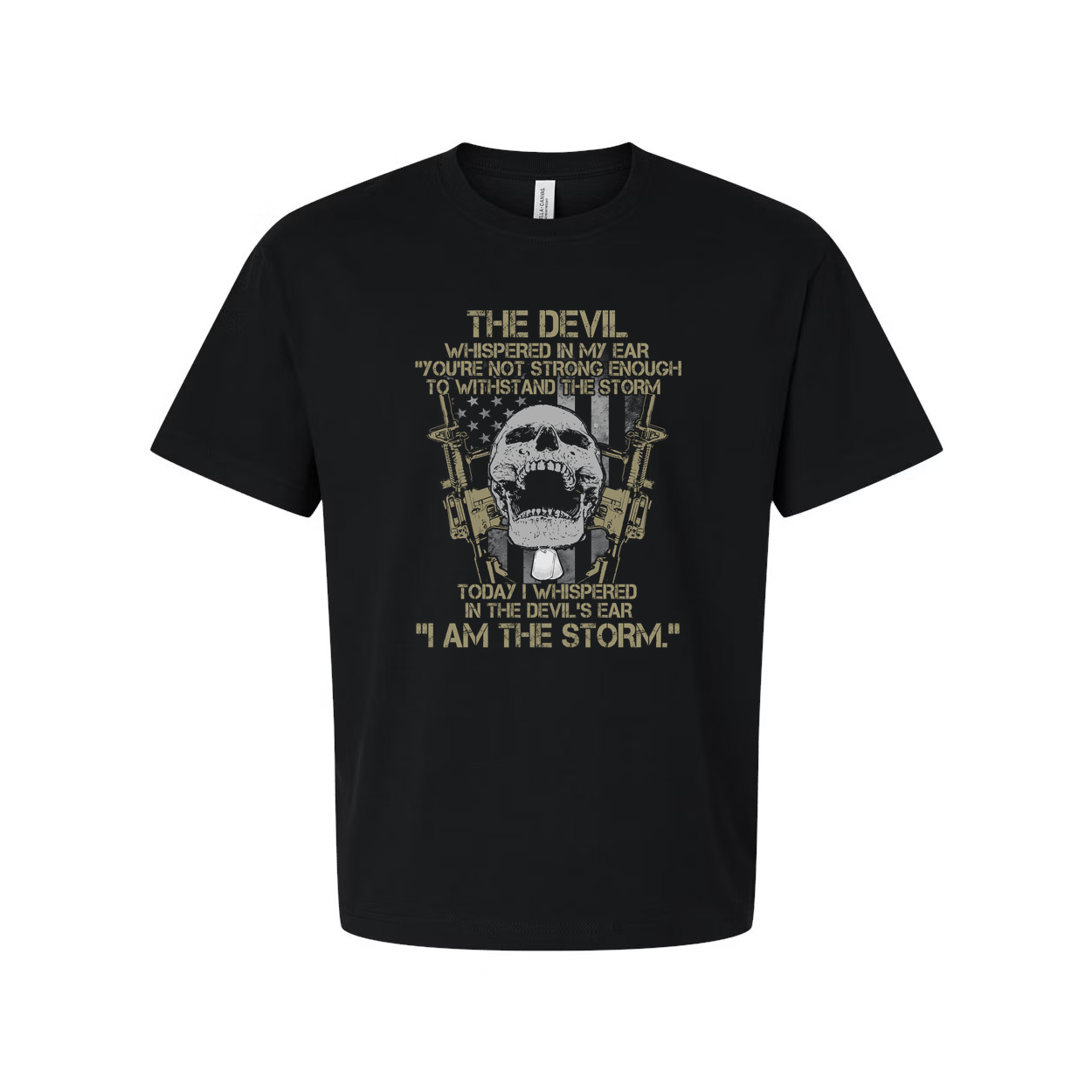 Skull With Rifles And American Flag Graphic T Shirt With Inspirational Military Quote