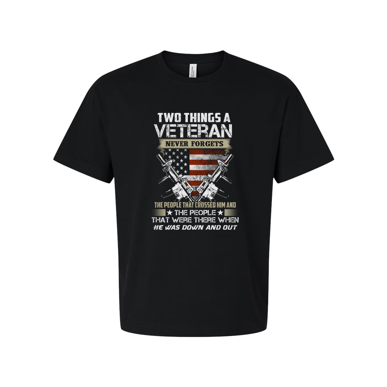 Two Things a Veteran Never Forgets T Shirt With American Flag and Crossed Rifles
