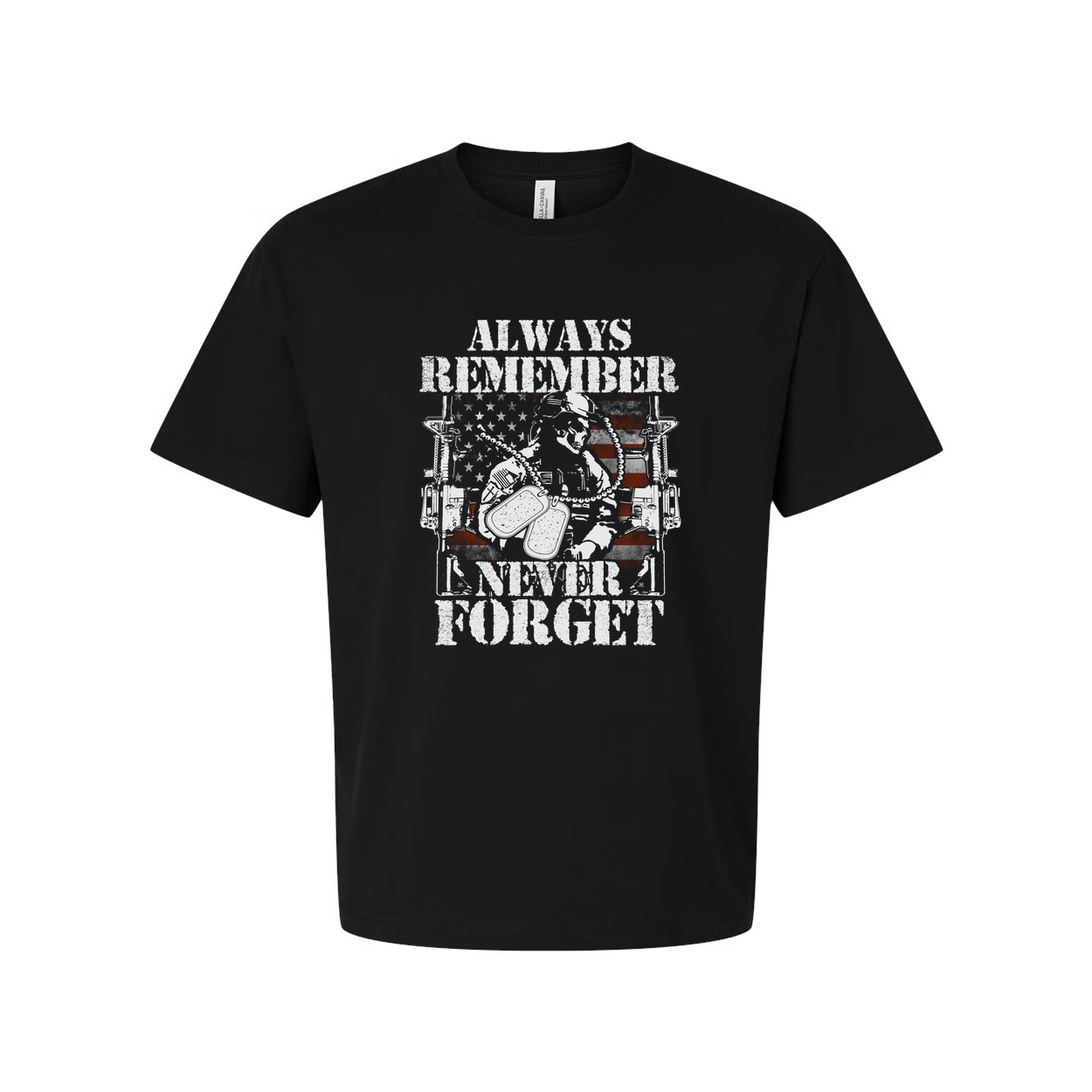 Always Remember Never Forget Veteran Graphic T Shirt Featuring Soldier With American Flag Emblem