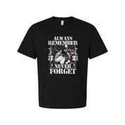 Always Remember Never Forget Veteran Graphic T Shirt Featuring Soldier With American Flag Emblem