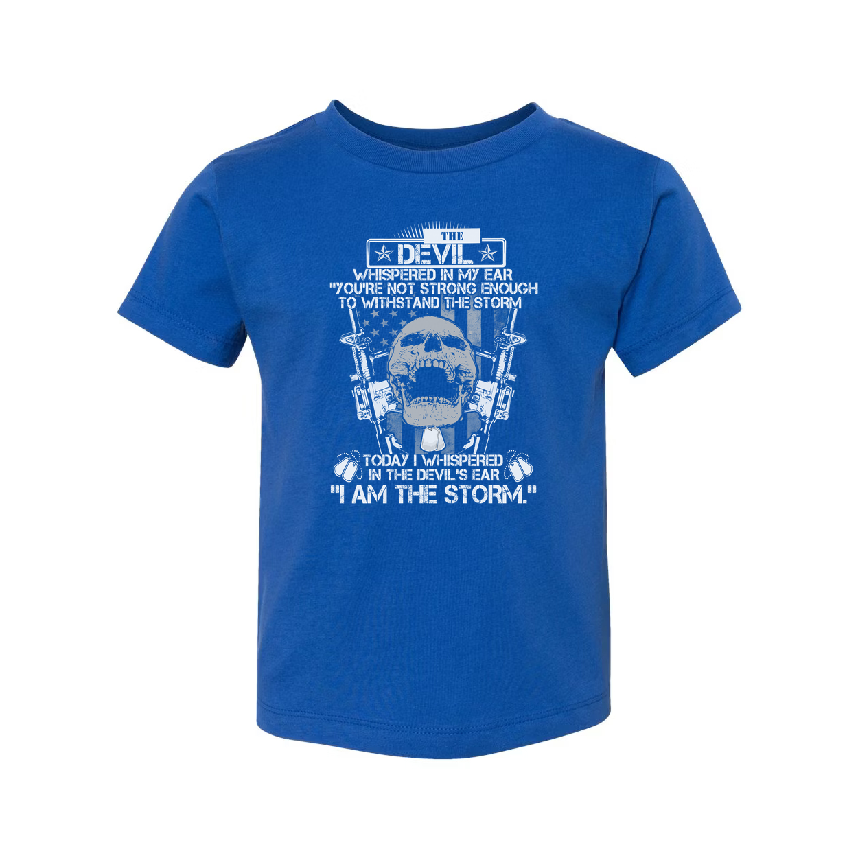 The Devil I Whispered In My Ear I Am The Storm Graphic Unisex Veteran T Shirt With Skull And Guns Motif