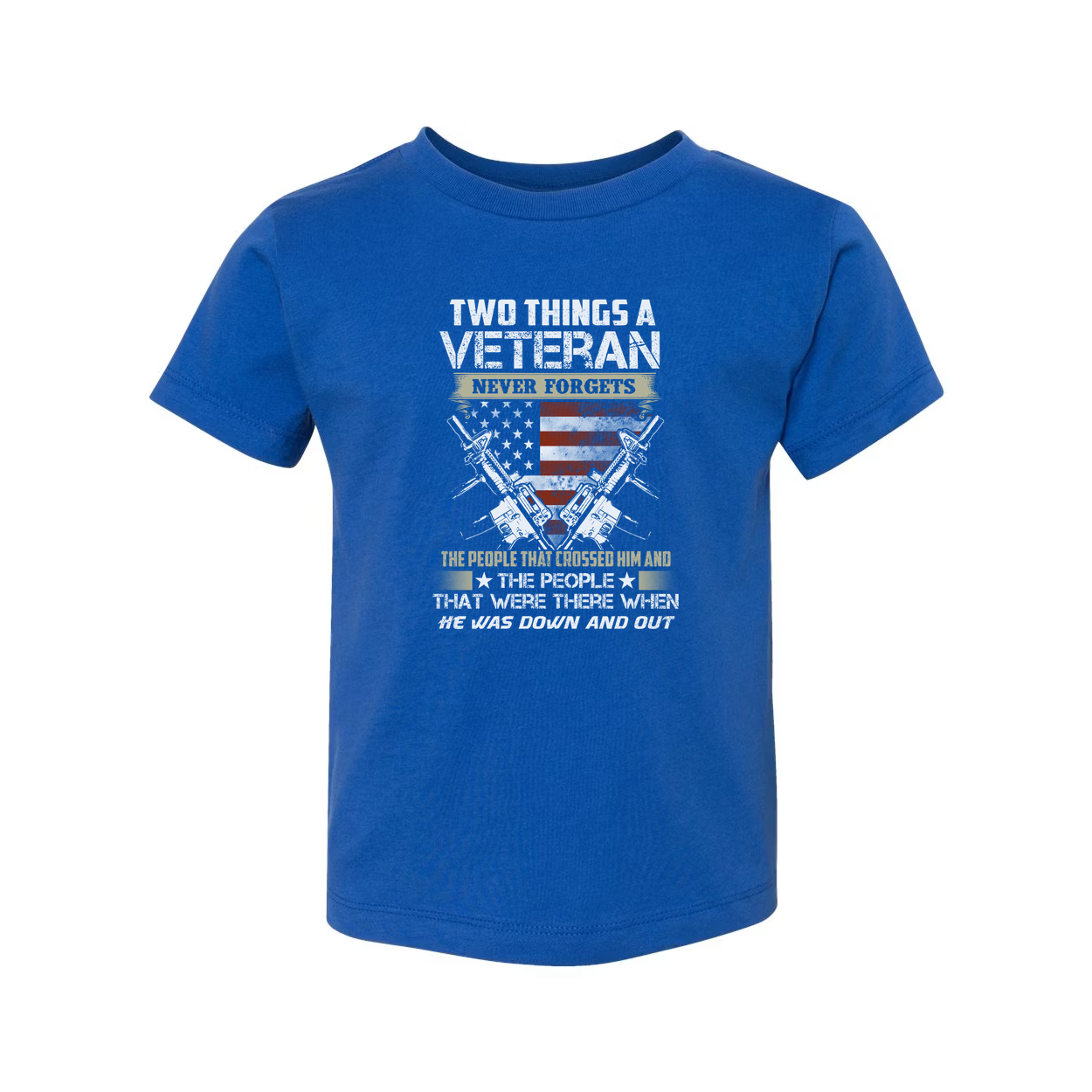 Two Things a Veteran Never Forgets T Shirt With American Flag and Crossed Rifles