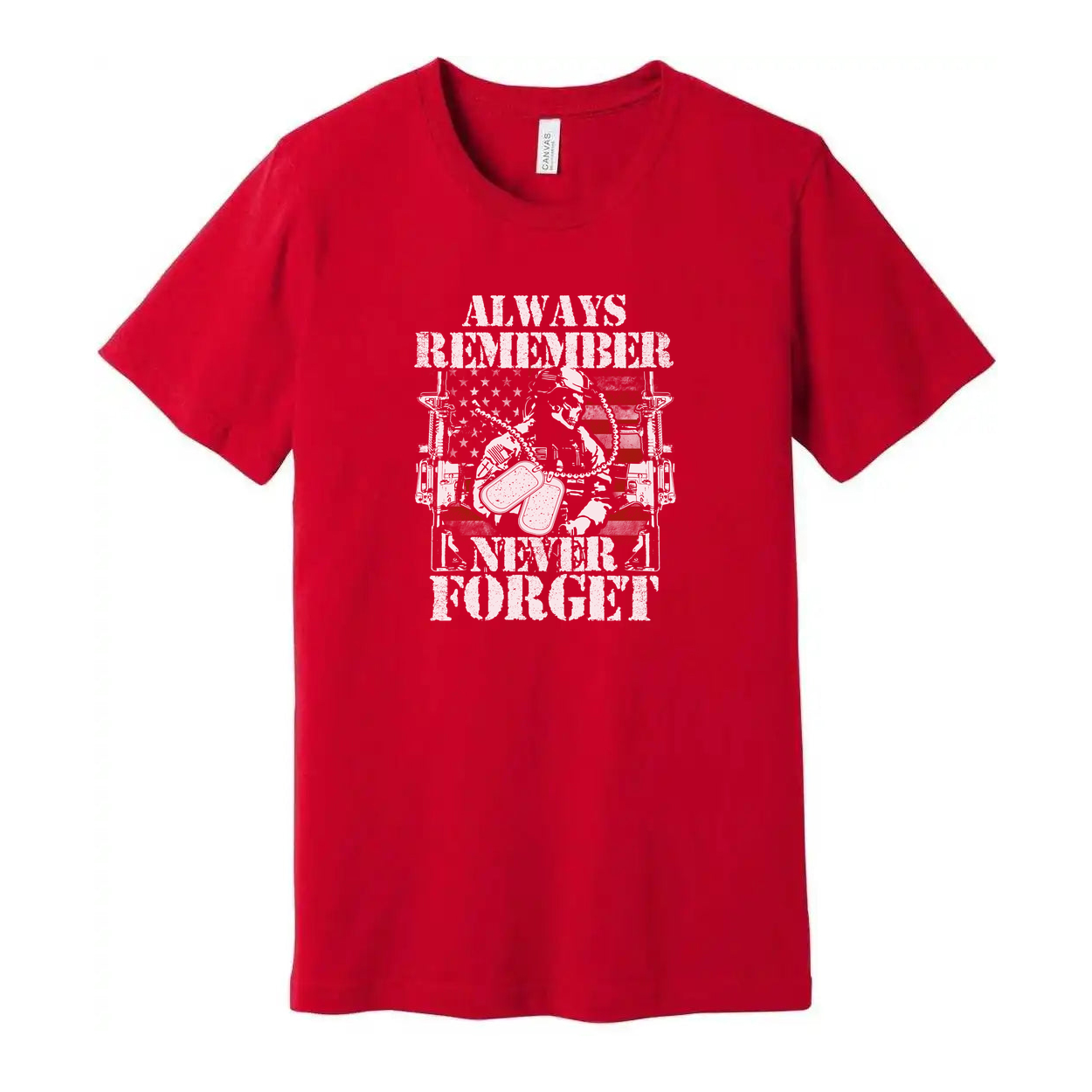 Always Remember Never Forget Veteran Graphic T Shirt Featuring Soldier With American Flag Emblem