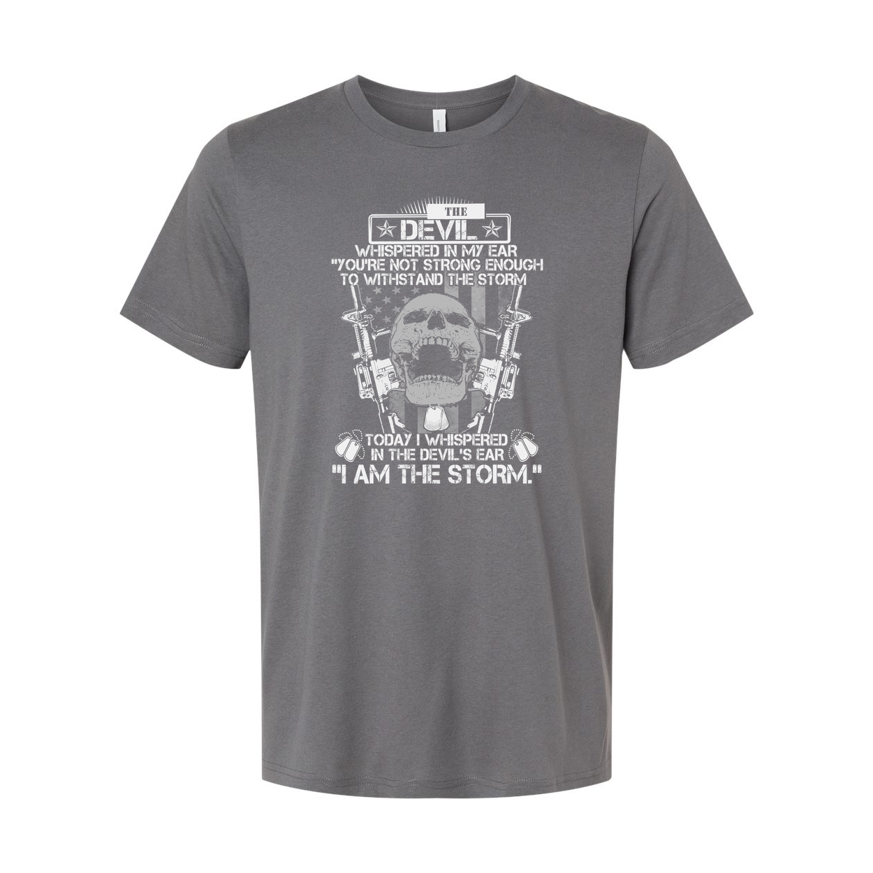 The Devil I Whispered In My Ear I Am The Storm Graphic Unisex Veteran T Shirt With Skull And Guns Motif