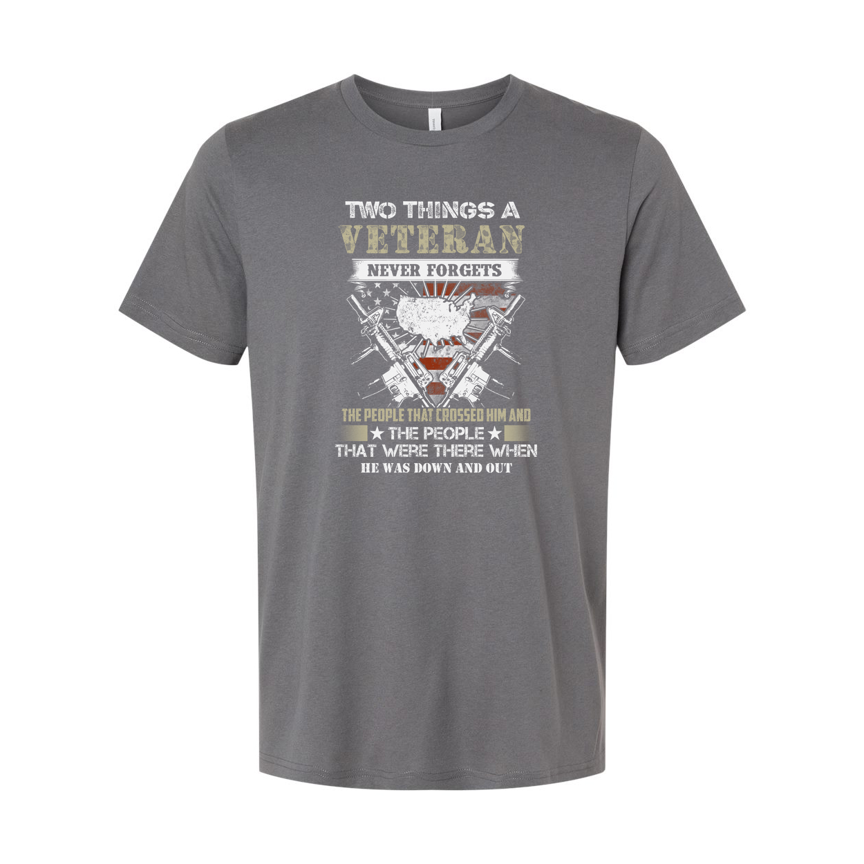 Two Things a Veteran Never Forgets Unisex Graphic Tee With American Flag and Crossed Rifles Motif