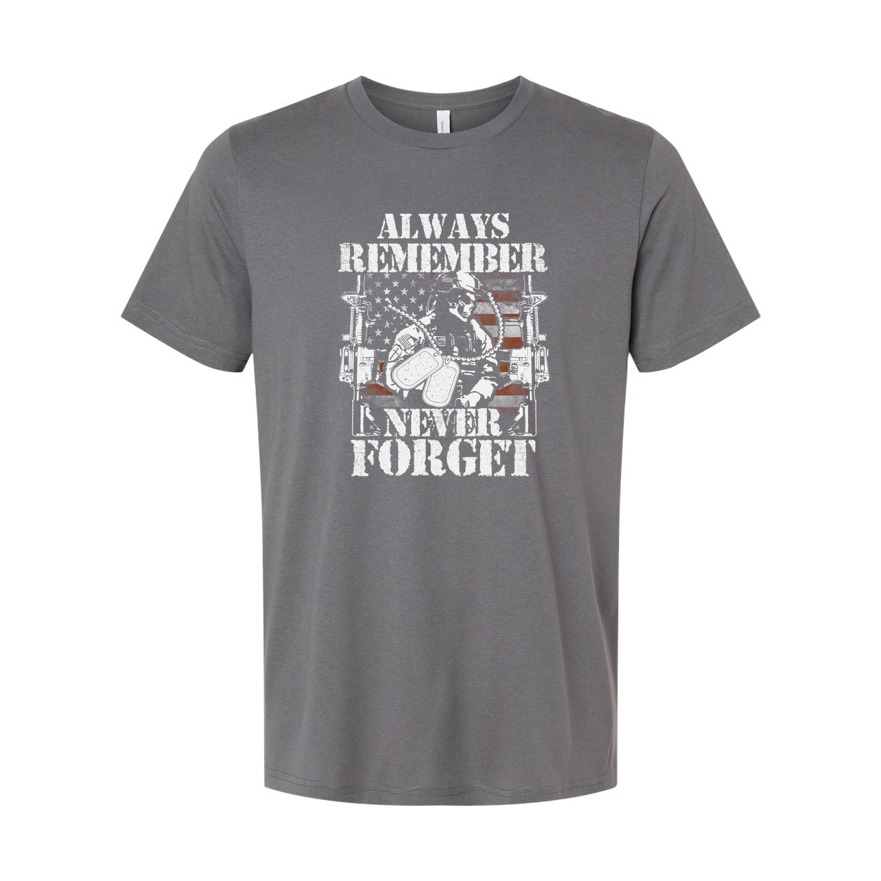 Always Remember Never Forget Veteran Graphic T Shirt Featuring Soldier With American Flag Emblem