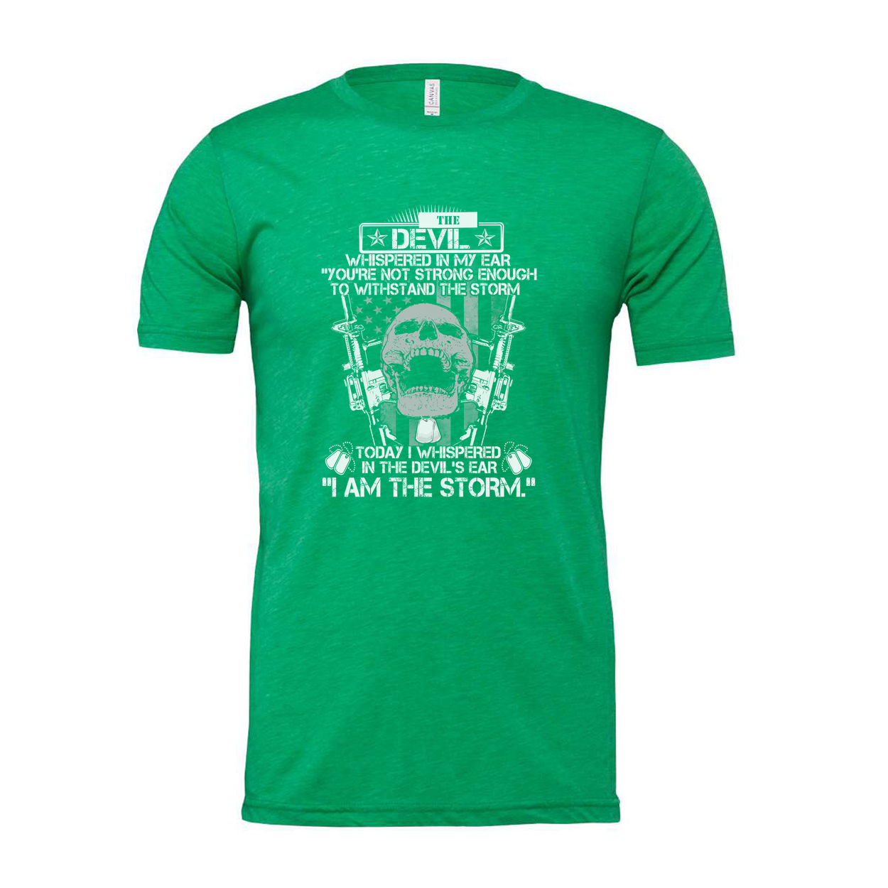 The Devil I Whispered In My Ear I Am The Storm Graphic Unisex Veteran T Shirt With Skull And Guns Motif