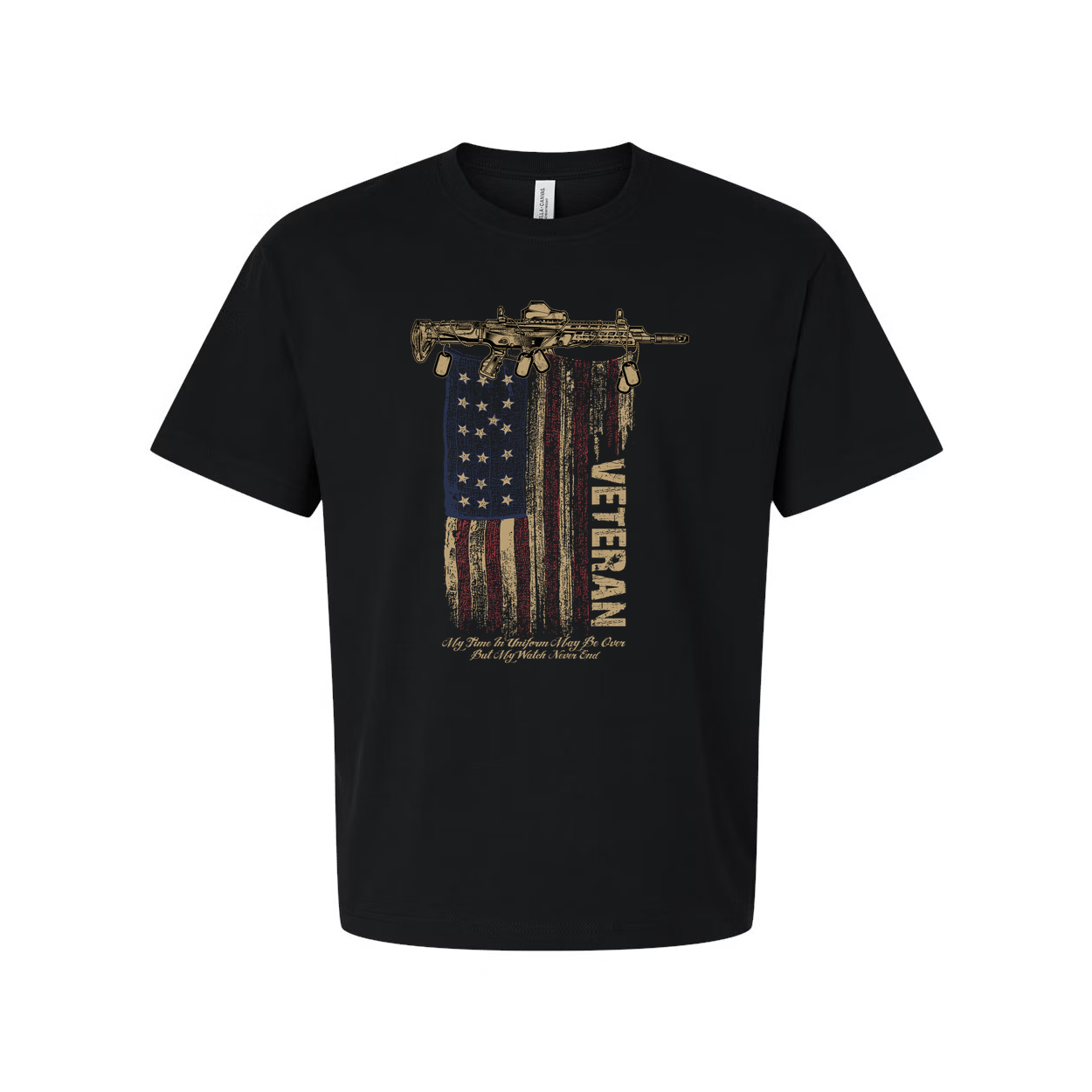 Veteran Graphic Tee Featuring Rifle Above a Distressed American Flag and Bold Slogan
