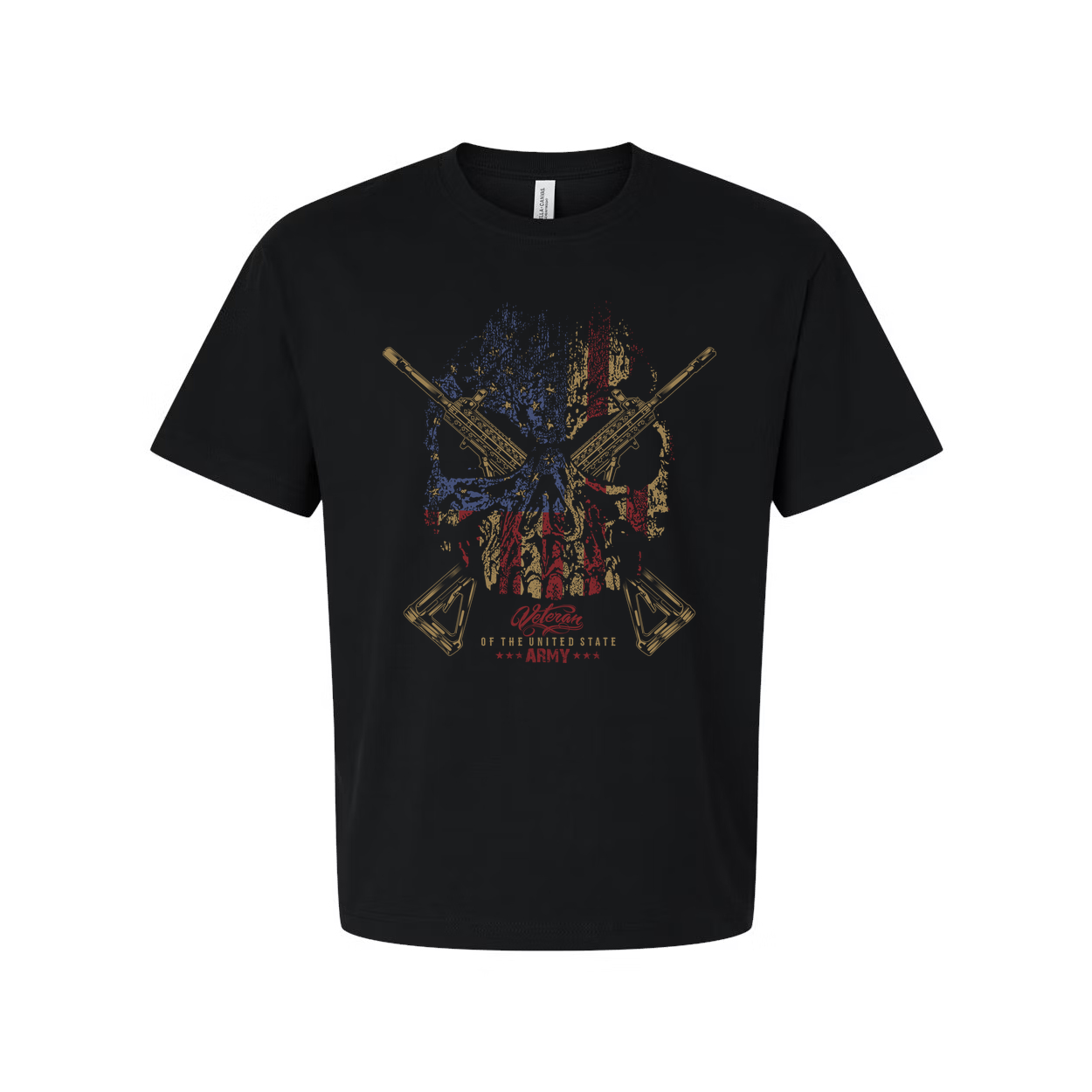 Veteran Flag Skull Graphic T Shirt With Crossed Rifles And Army Emblem Vintage Distressed Design