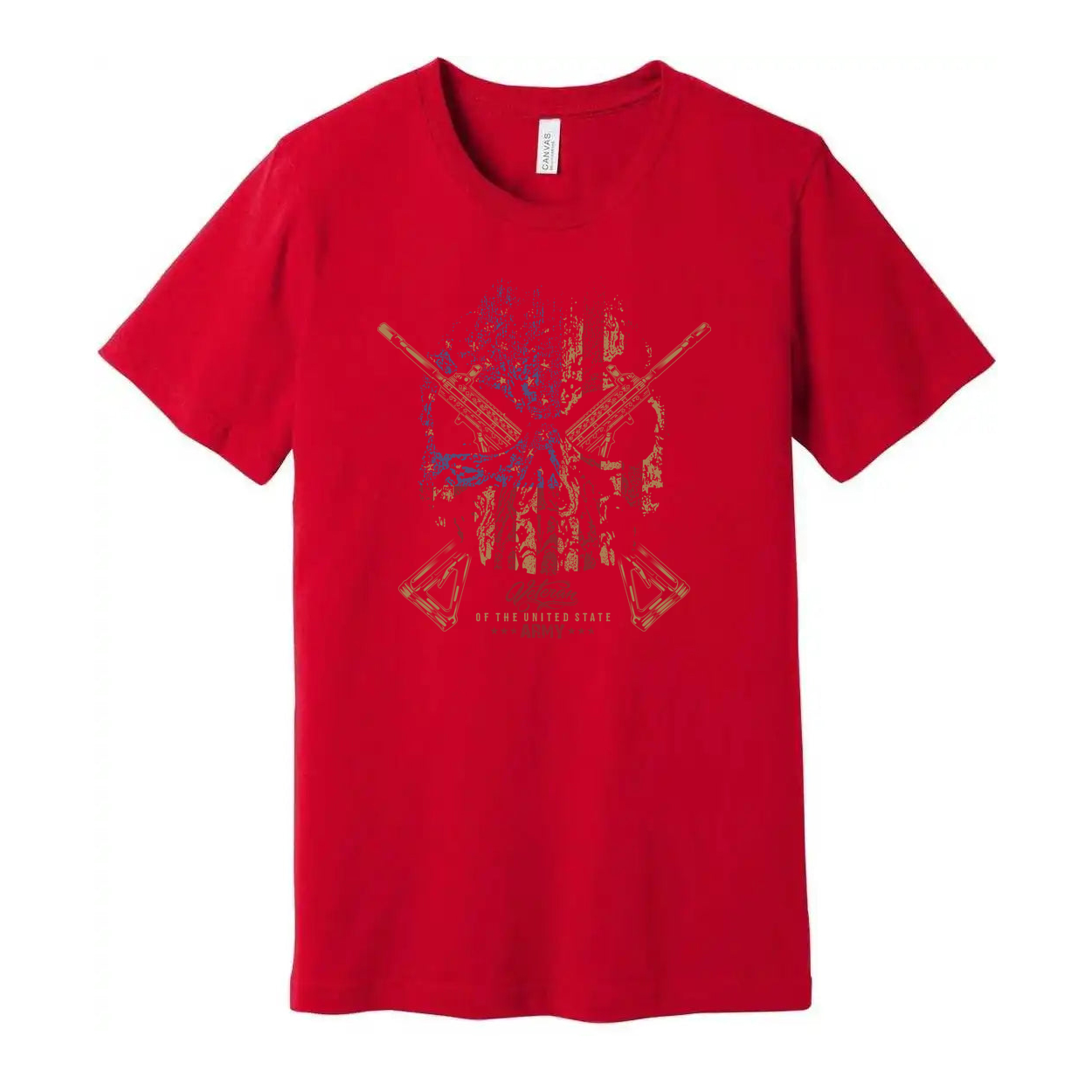 Veteran Flag Skull Graphic T Shirt With Crossed Rifles And Army Emblem Vintage Distressed Design