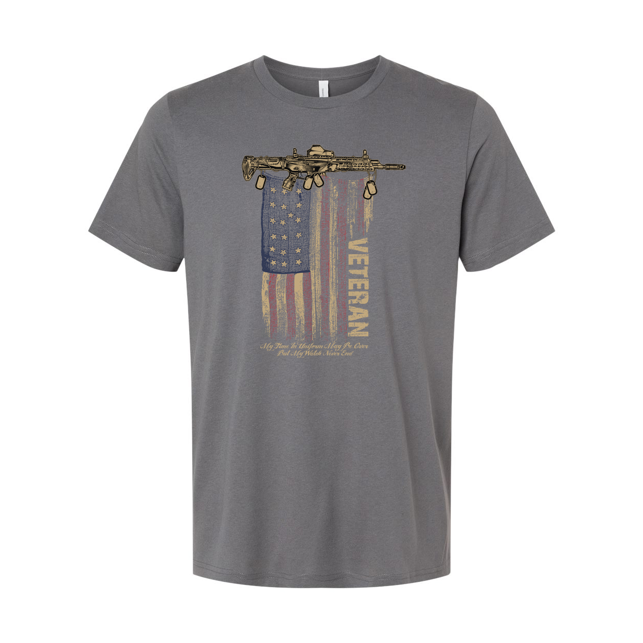 Veteran Graphic Tee Featuring Rifle Above a Distressed American Flag and Bold Slogan