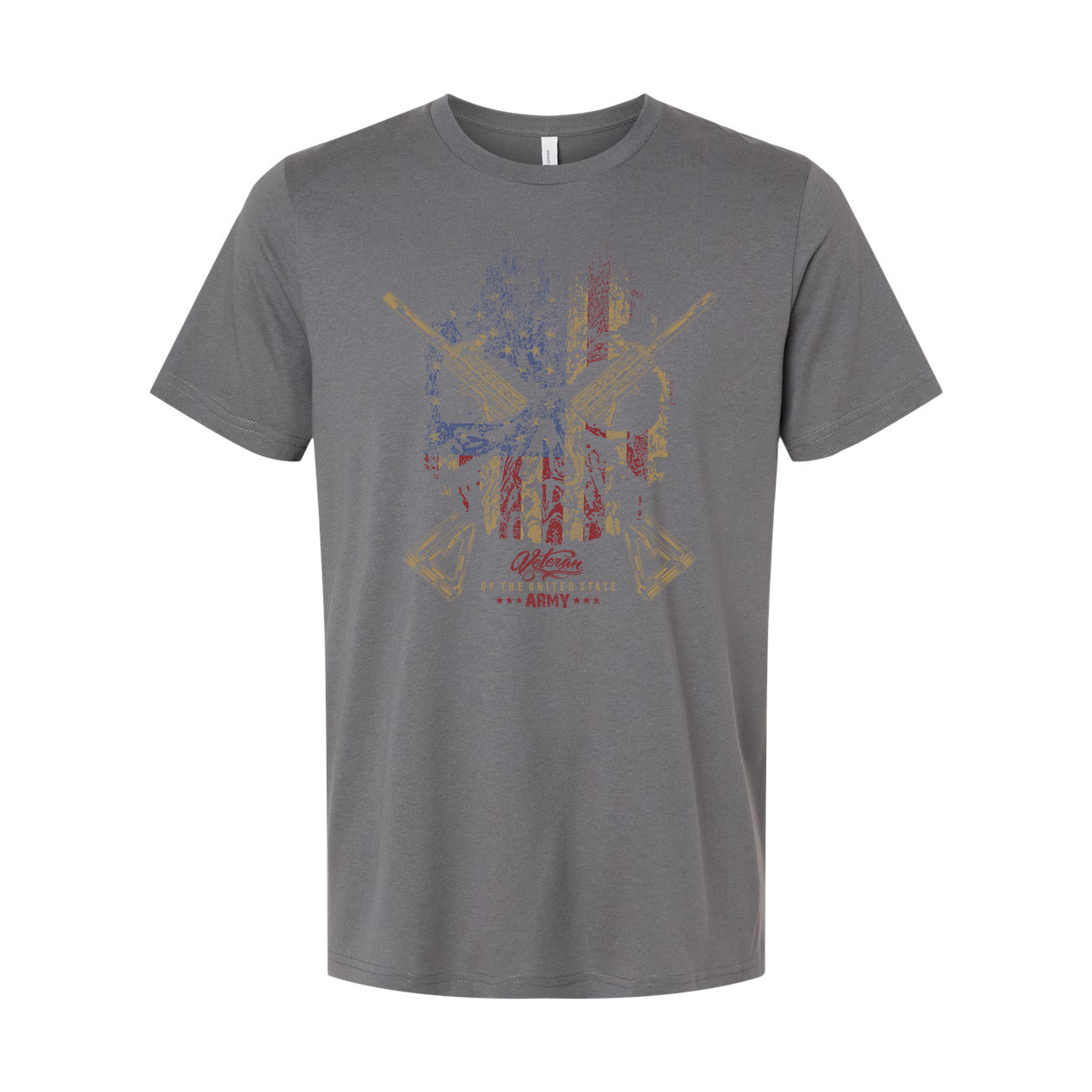 Veteran Flag Skull Graphic T Shirt With Crossed Rifles And Army Emblem Vintage Distressed Design