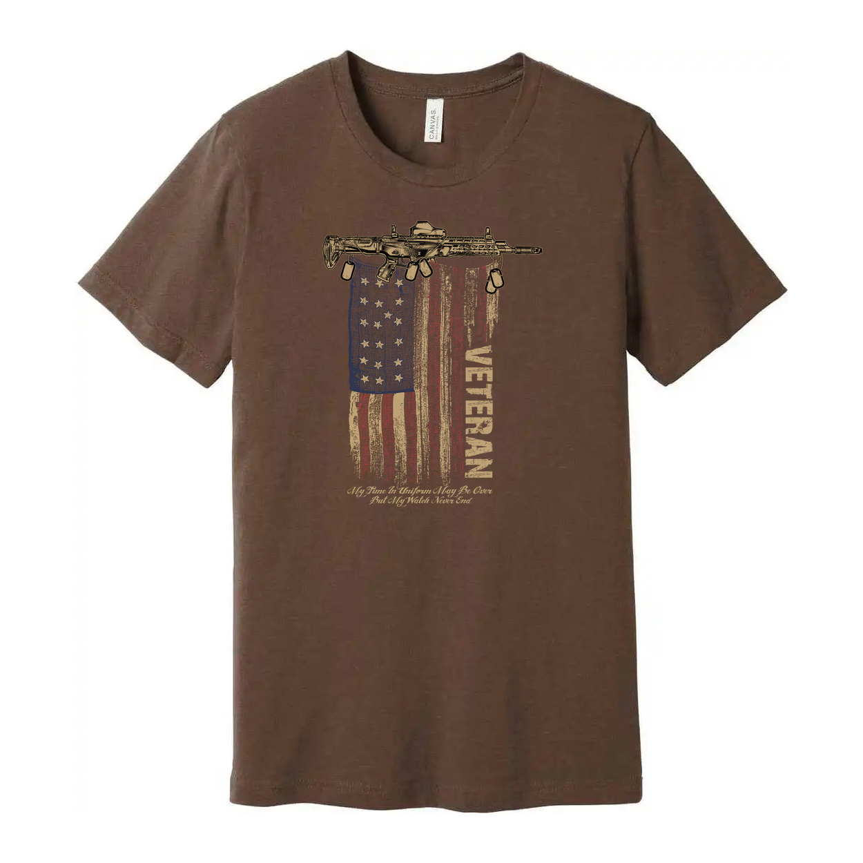 Veteran Graphic Tee Featuring Rifle Above a Distressed American Flag and Bold Slogan