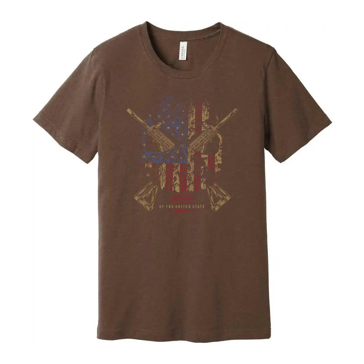 Veteran Flag Skull Graphic T Shirt With Crossed Rifles And Army Emblem Vintage Distressed Design