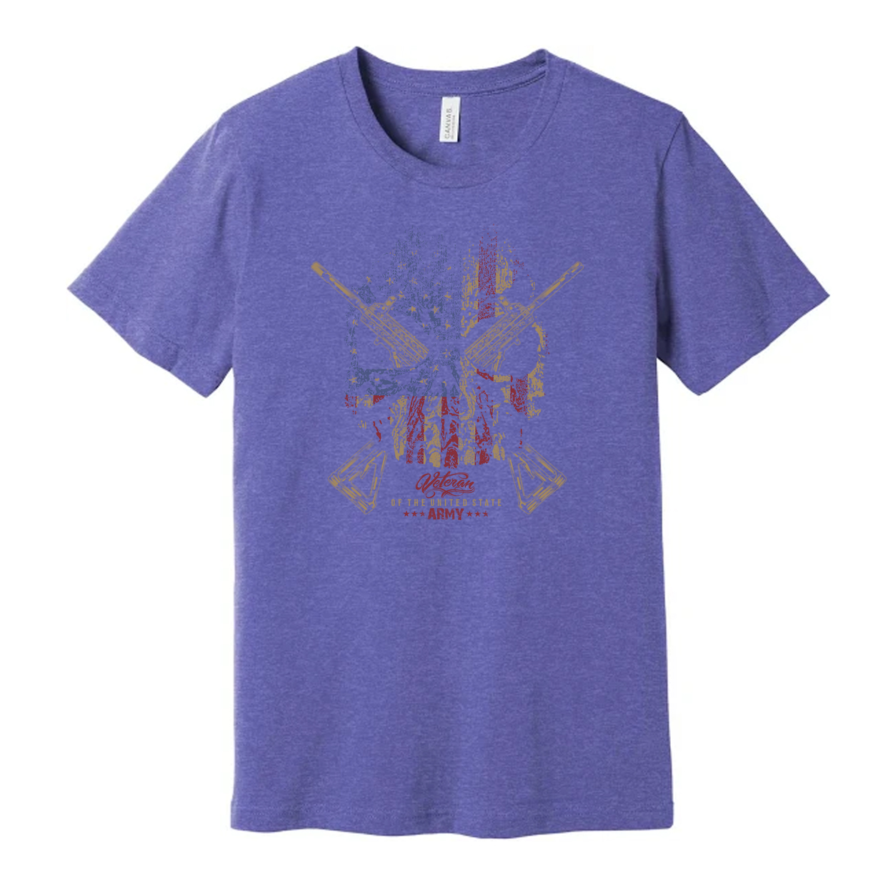 Veteran Flag Skull Graphic T Shirt With Crossed Rifles And Army Emblem Vintage Distressed Design