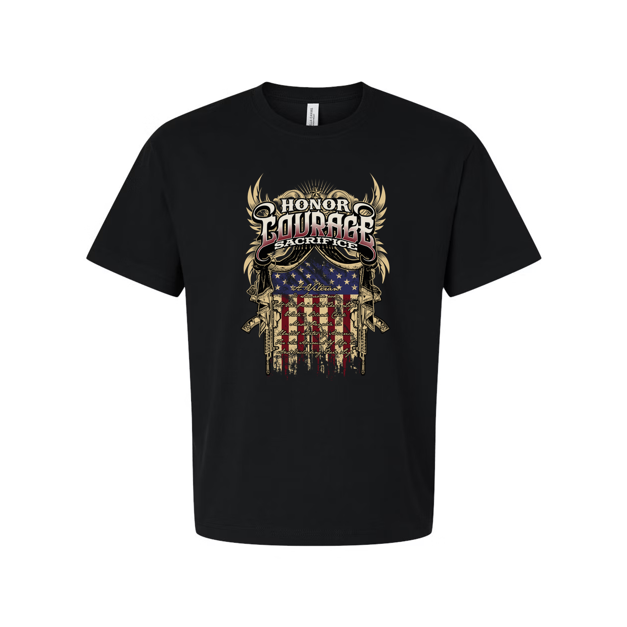 Unisex Veteran Graphic Tee Featuring Honor Courage Sacrifice Emblem and American Flag Shield Design