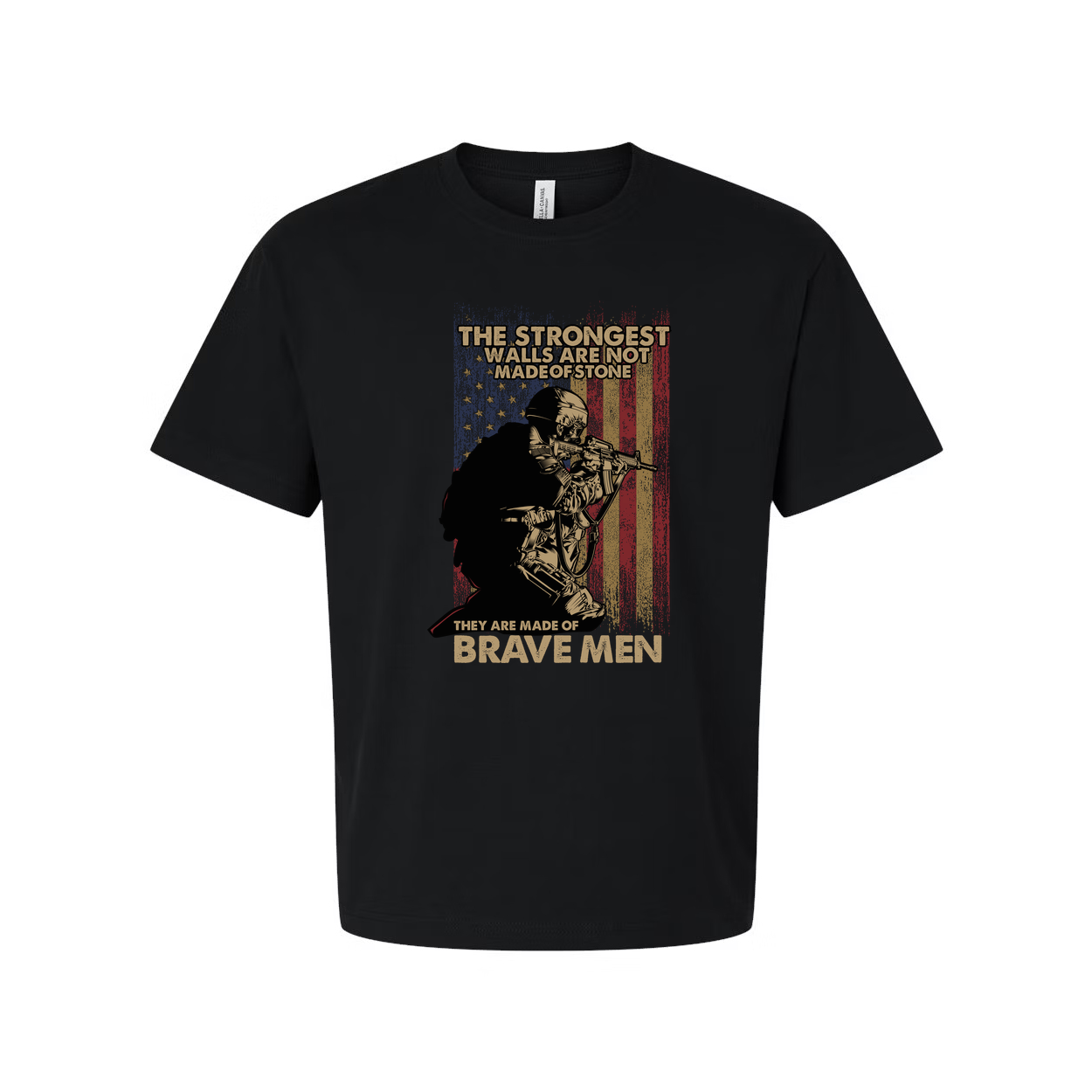 Veteran Unisex Tee With Soldier Silhouette And American Flag The Strongest Walls Are Not Made Of Stone