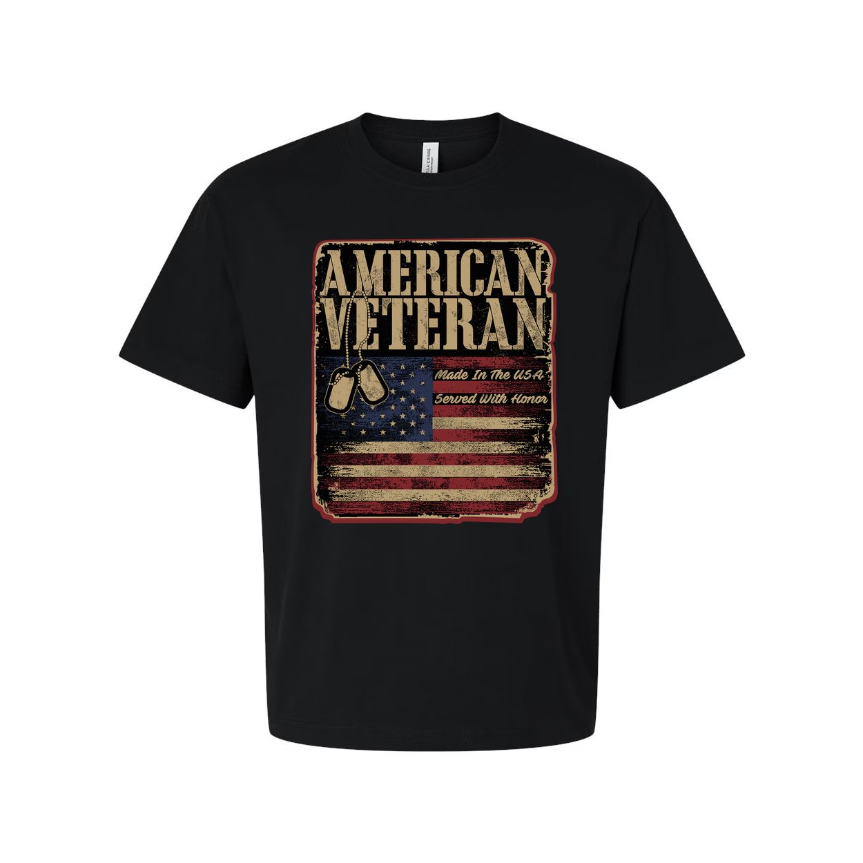 American Veteran Graphic T-Shirt With Distressed Flag And Dog Tags Vintage Style