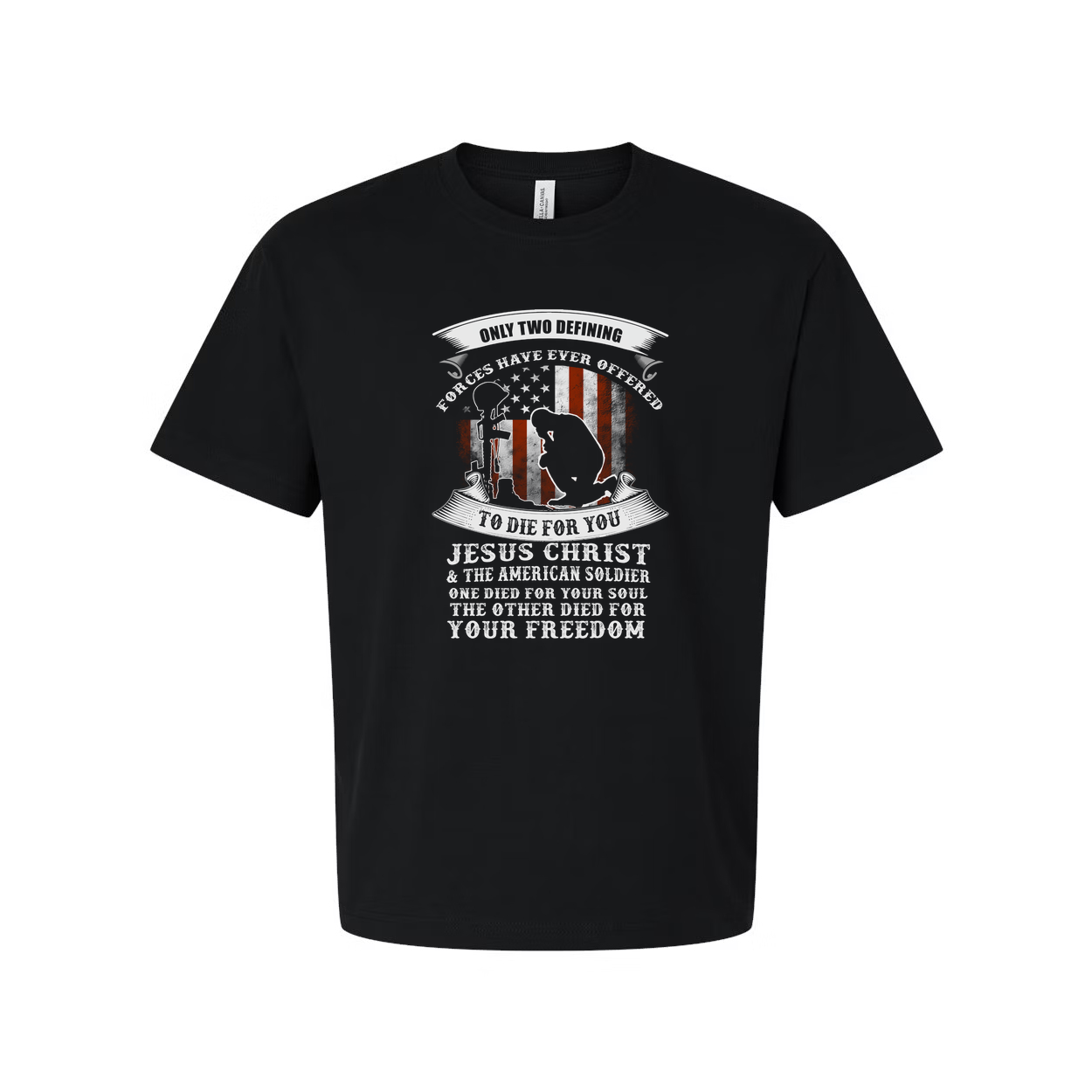 Veteran Tribute Graphic Tee With Soldier Silhouette And Patriot Flag And Religious Message