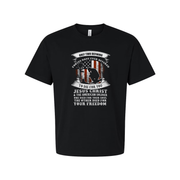 Veteran Tribute Graphic Tee With Soldier Silhouette And Patriot Flag And Religious Message