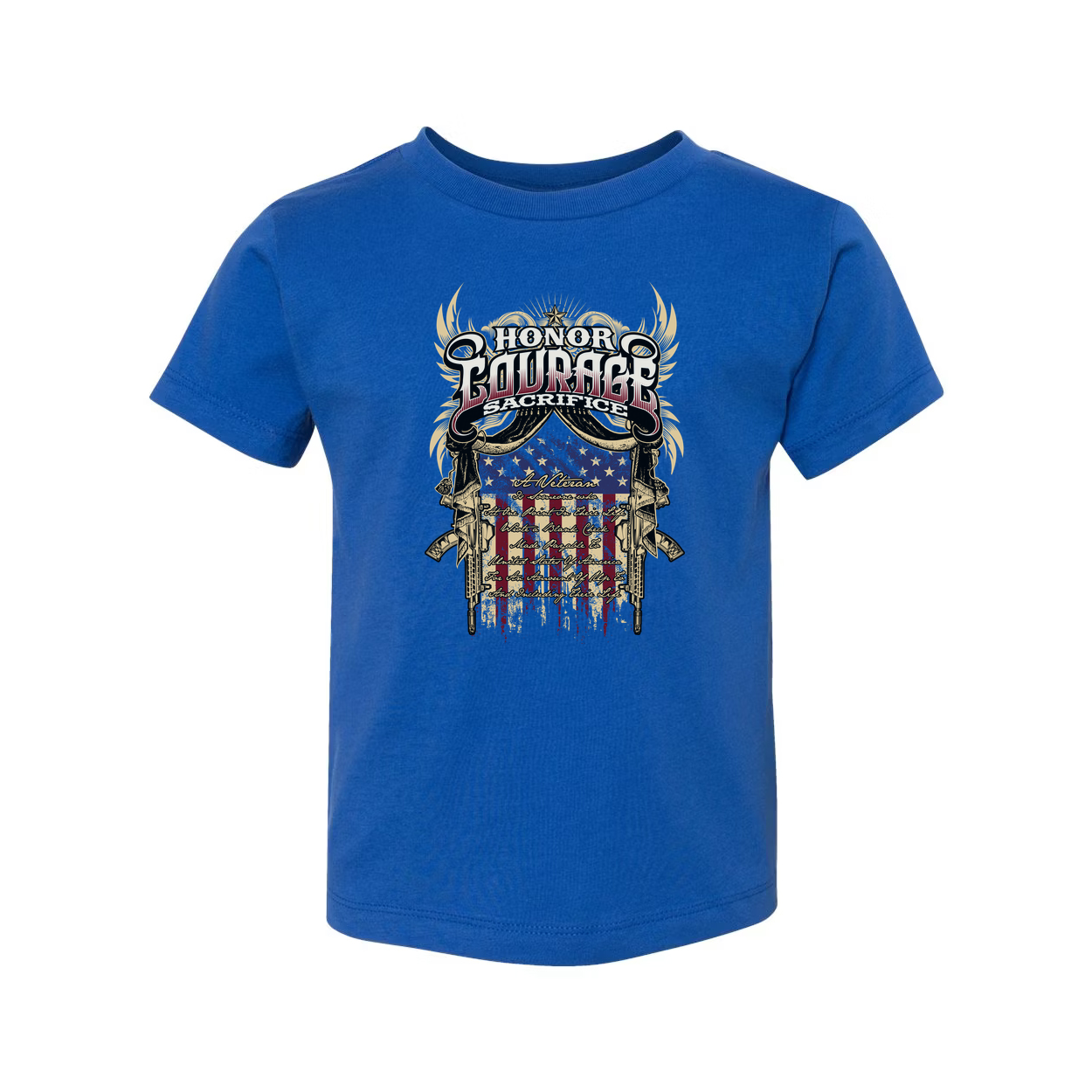 Unisex Veteran Graphic Tee Featuring Honor Courage Sacrifice Emblem and American Flag Shield Design