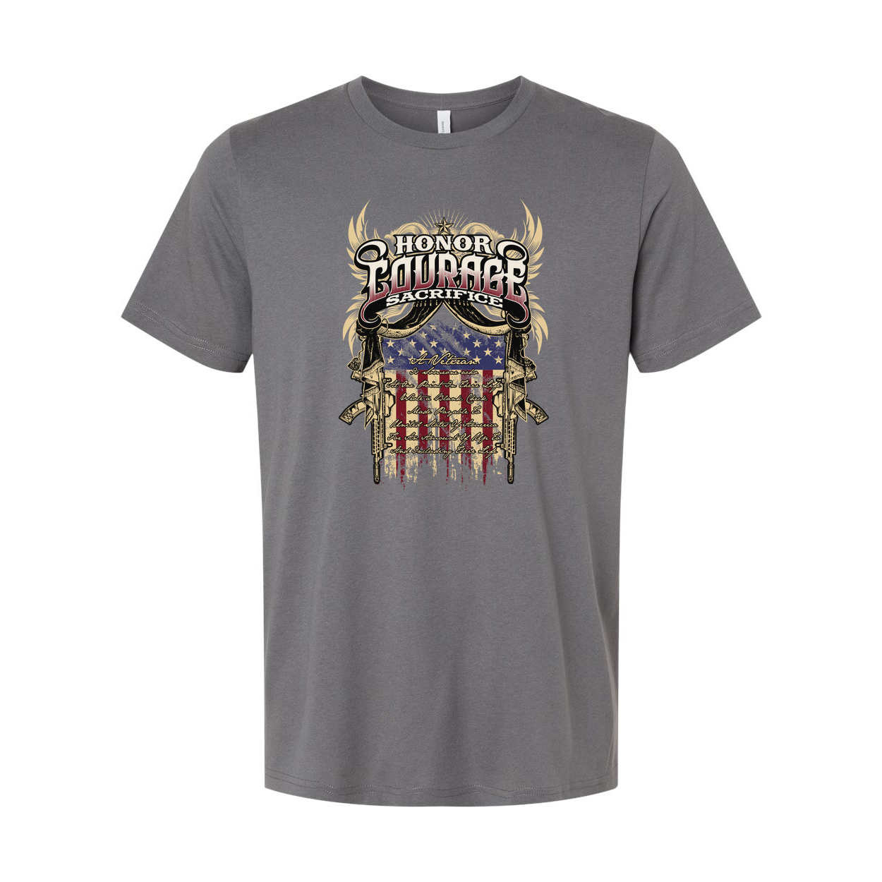 Unisex Veteran Graphic Tee Featuring Honor Courage Sacrifice Emblem and American Flag Shield Design