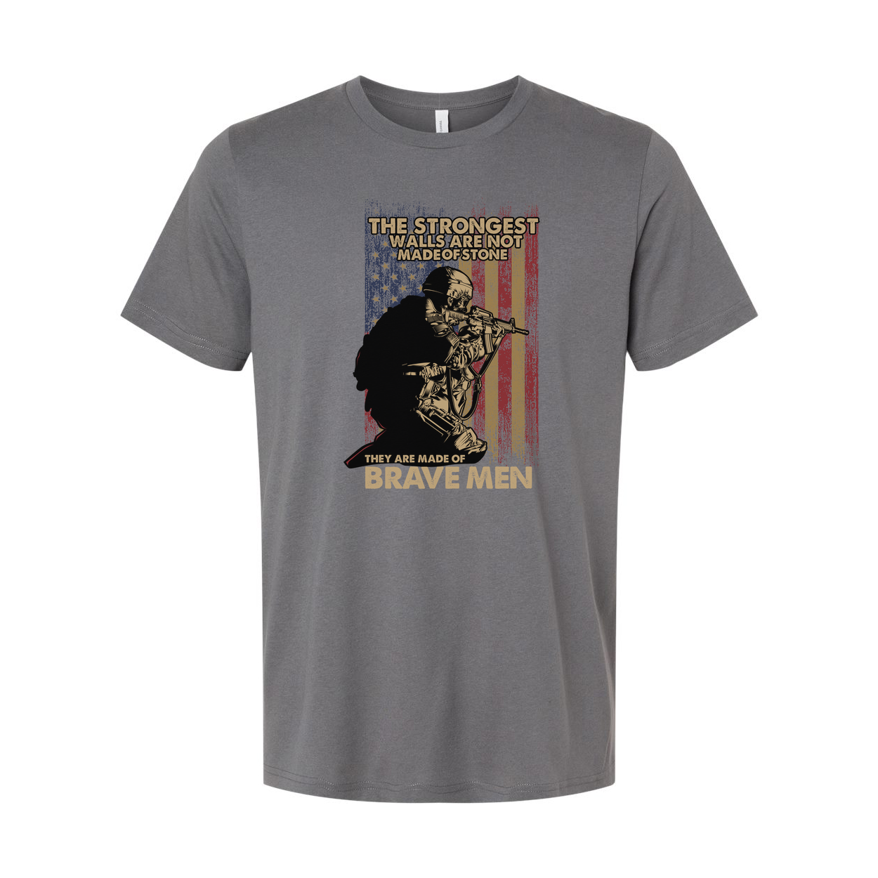 Veteran Unisex Tee With Soldier Silhouette And American Flag The Strongest Walls Are Not Made Of Stone