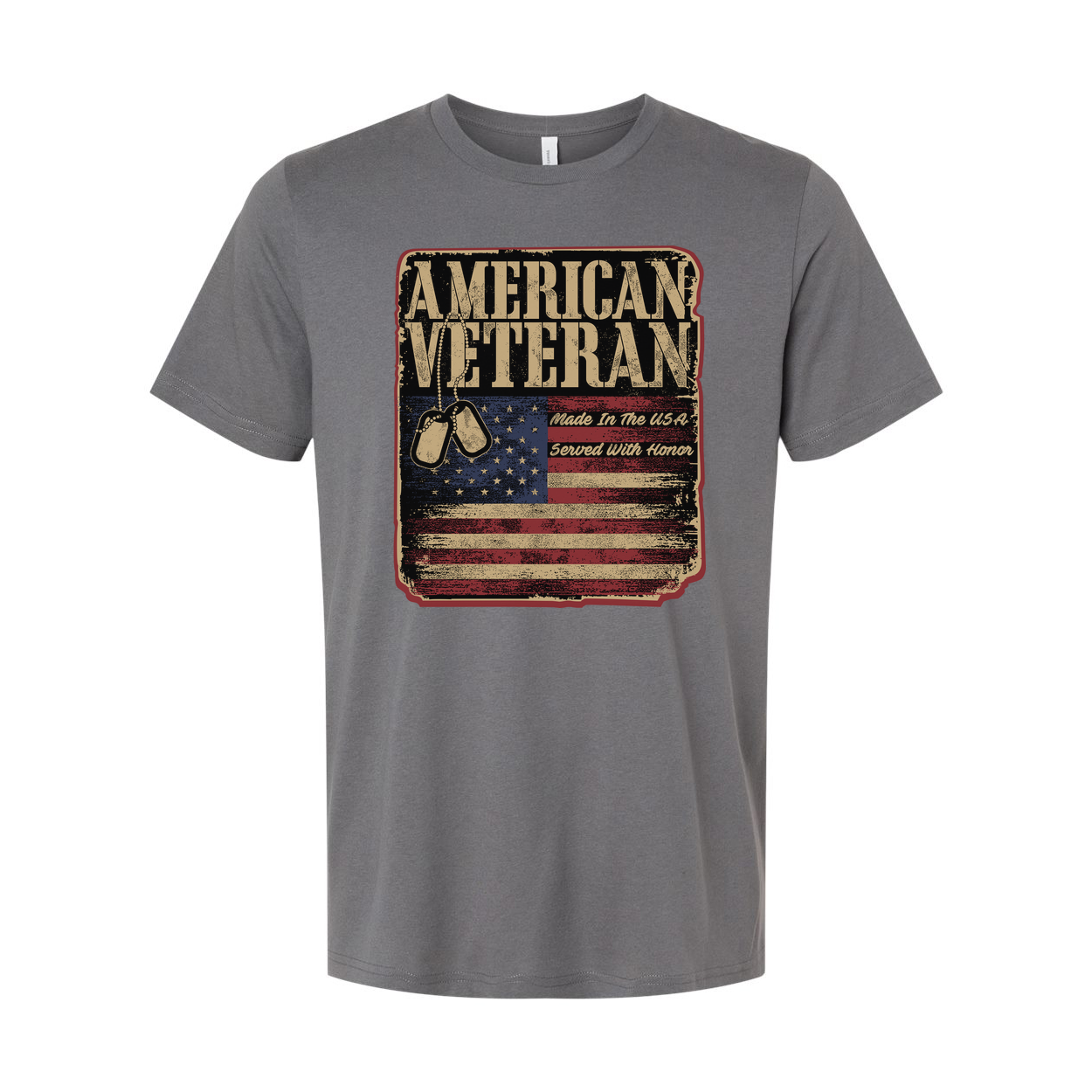 American Veteran Graphic T-Shirt With Distressed Flag And Dog Tags Vintage Style