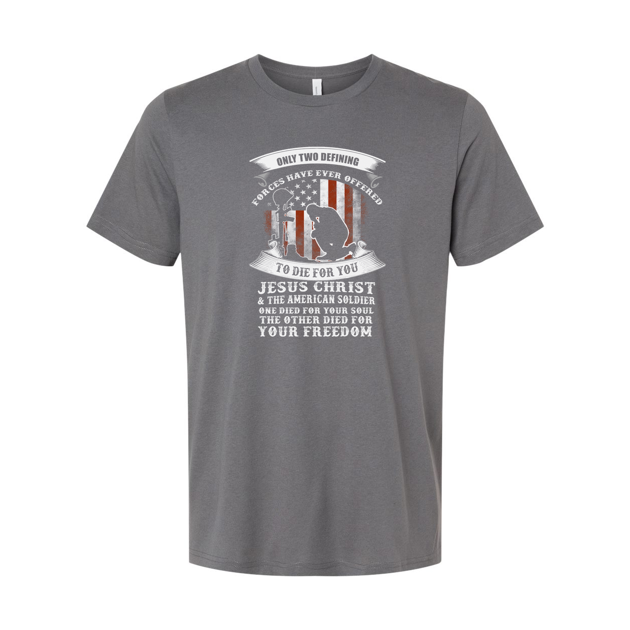 Veteran Tribute Graphic Tee With Soldier Silhouette And Patriot Flag And Religious Message