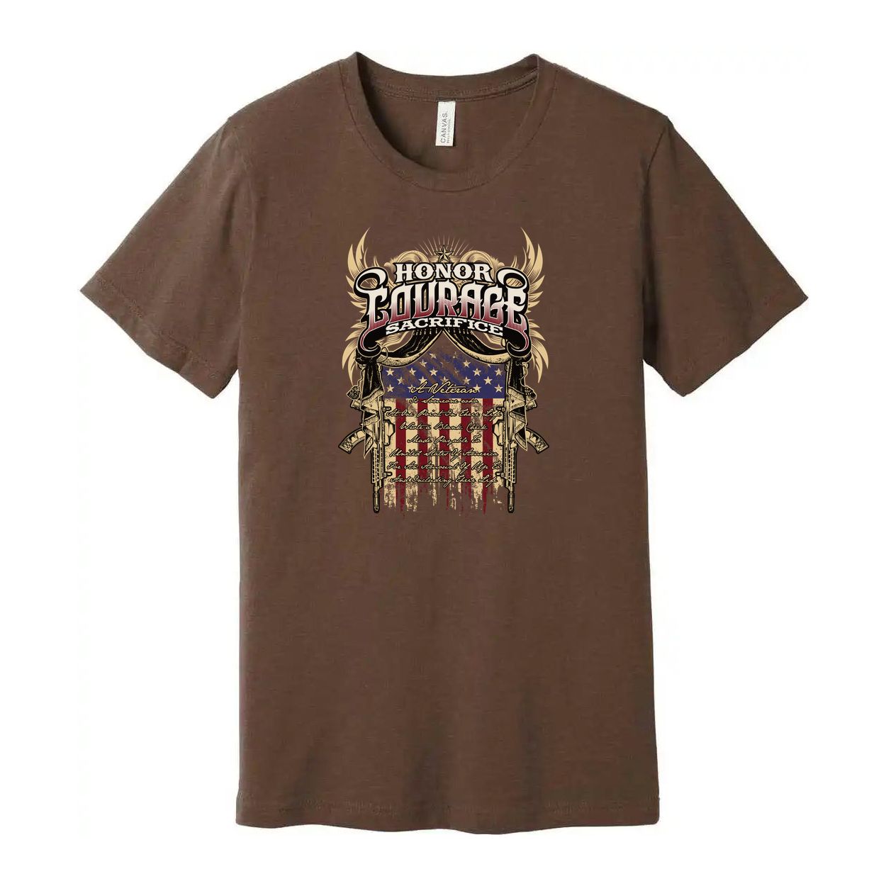 Unisex Veteran Graphic Tee Featuring Honor Courage Sacrifice Emblem and American Flag Shield Design