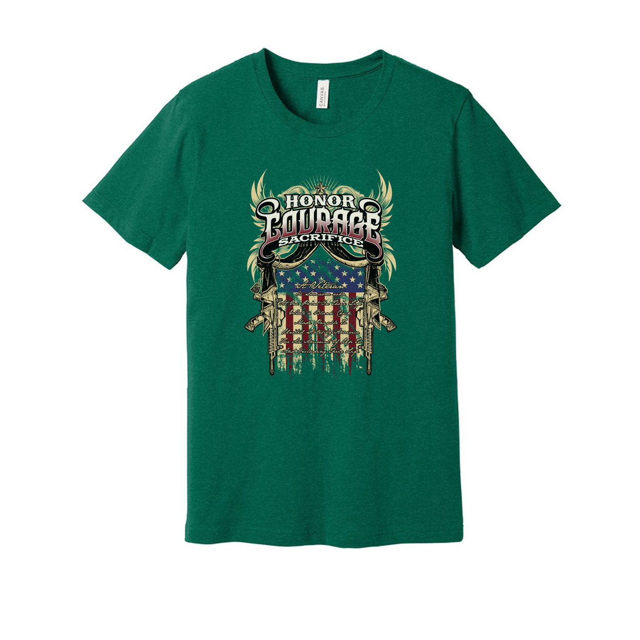 Unisex Veteran Graphic Tee Featuring Honor Courage Sacrifice Emblem and American Flag Shield Design