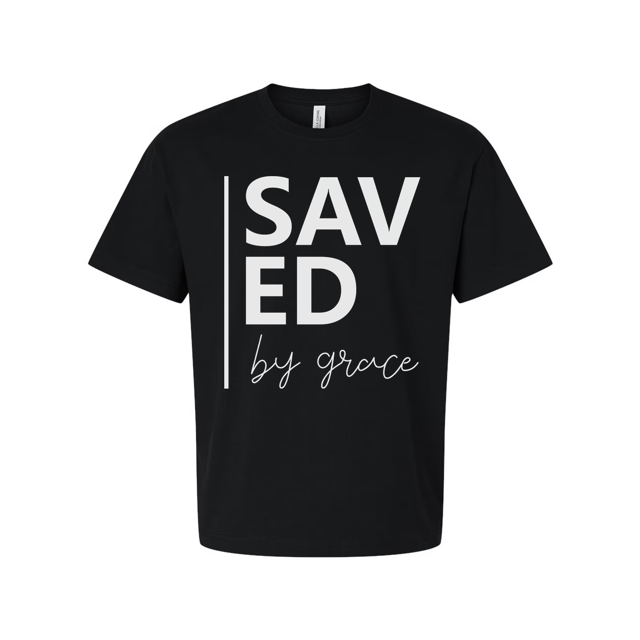 Unisex Christian Graphic T Shirt With Saved By Grace Typography And Modern Vertical Accent