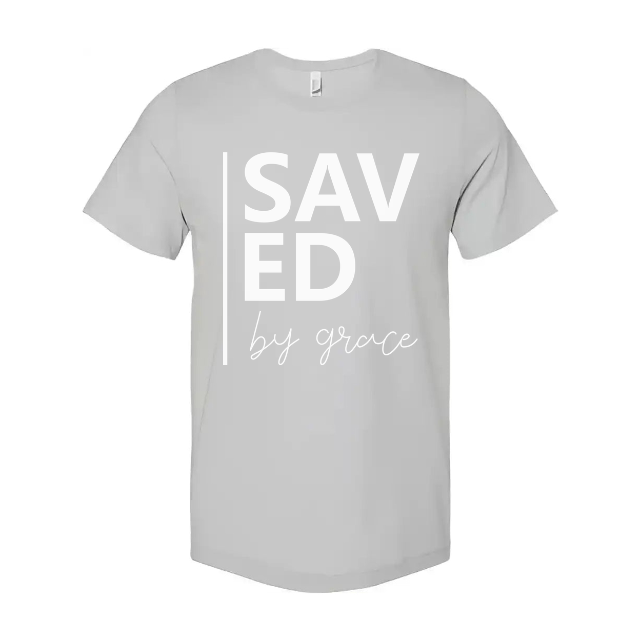 Unisex Christian Graphic T Shirt With Saved By Grace Typography And Modern Vertical Accent