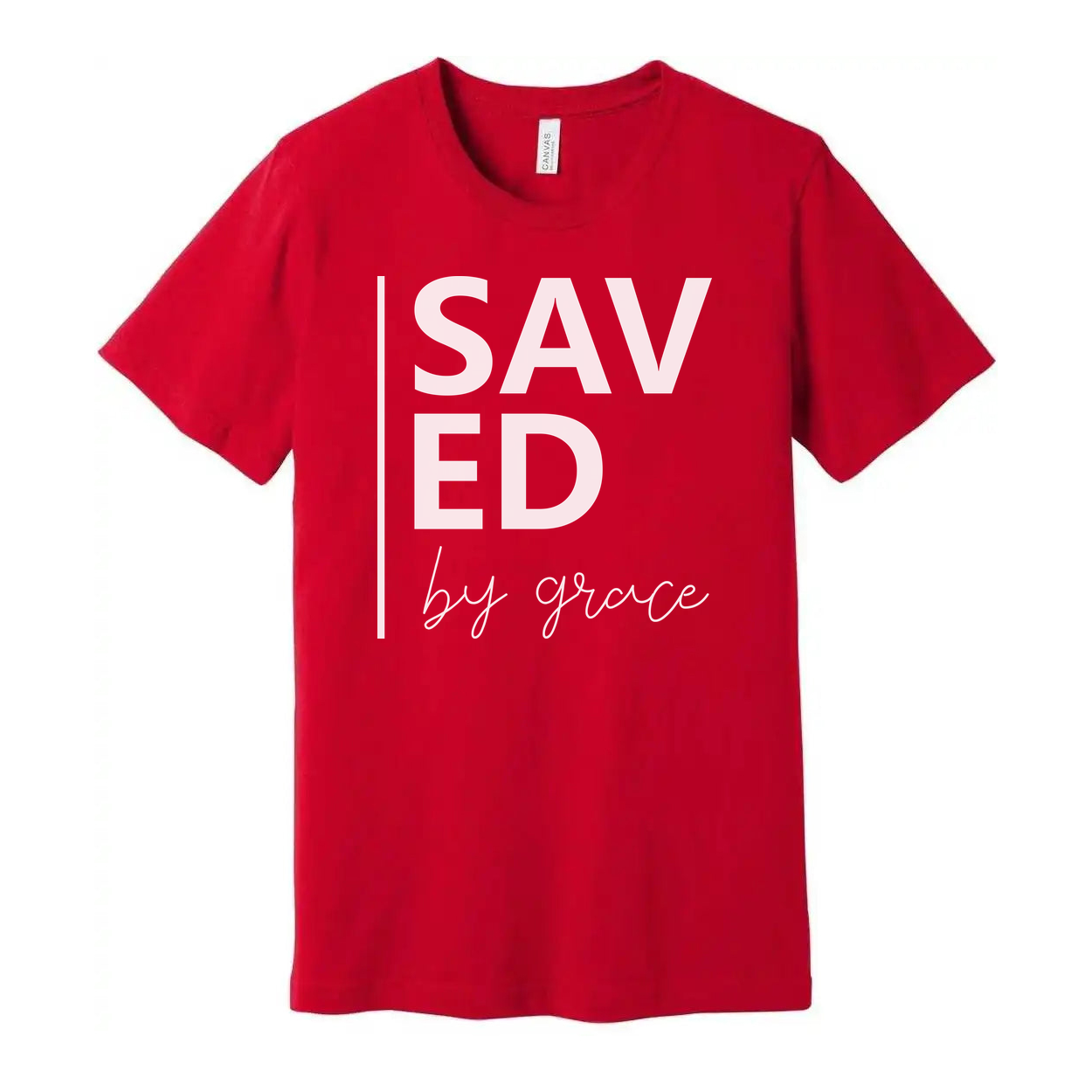 Unisex Christian Graphic T Shirt With Saved By Grace Typography And Modern Vertical Accent