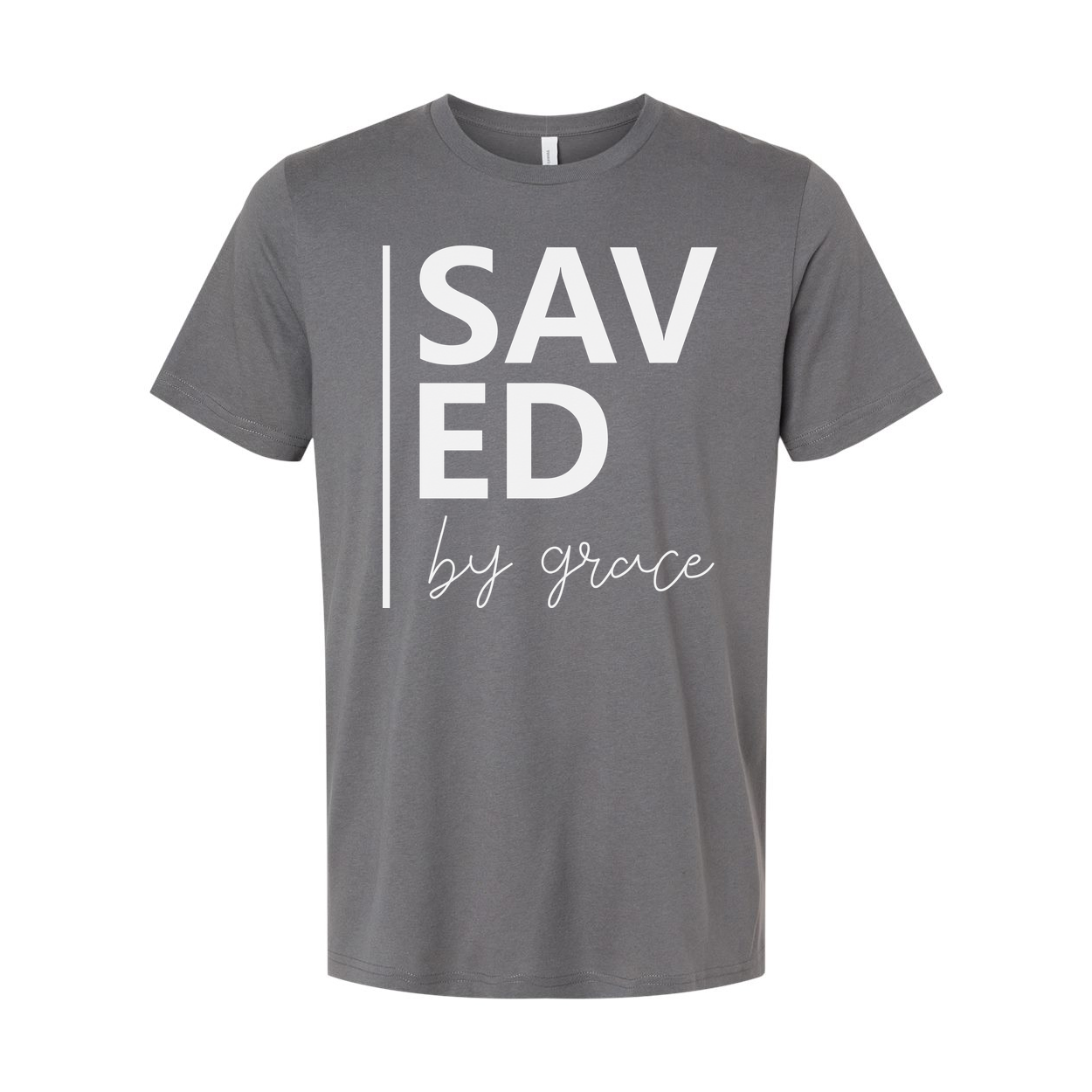 Unisex Christian Graphic T Shirt With Saved By Grace Typography And Modern Vertical Accent